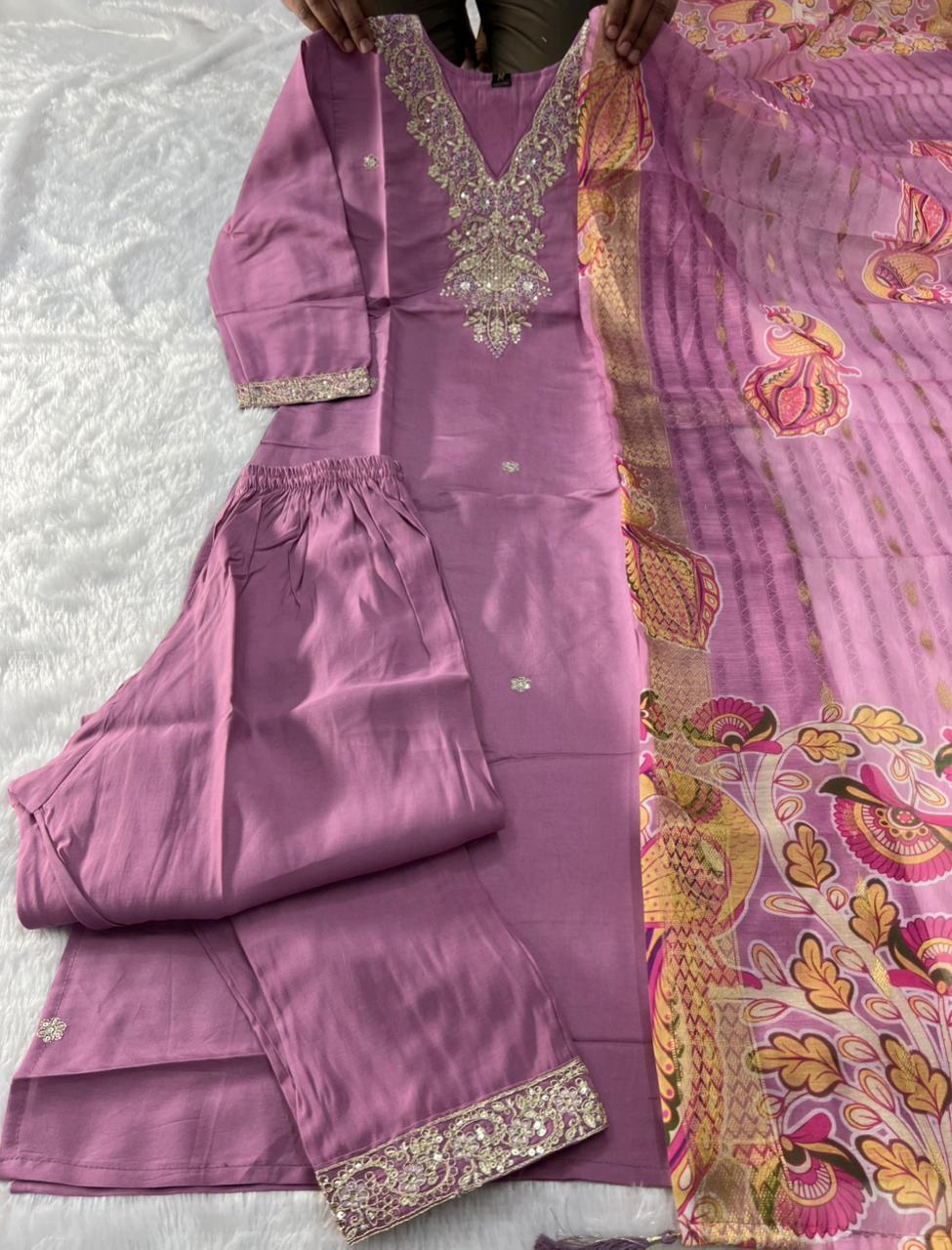 Artistic Function Wear Lavender Color Roman Silk Embroidery n Sequence Work Designer Straight Kurta With Trouser n Dupatta Set - Image 3