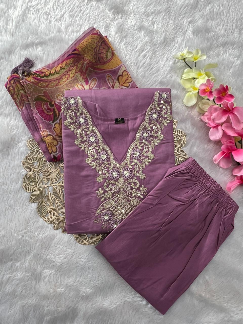 Artistic Function Wear Lavender Color Roman Silk Embroidery n Sequence Work Designer Straight Kurta With Trouser n Dupatta Set - Image 4
