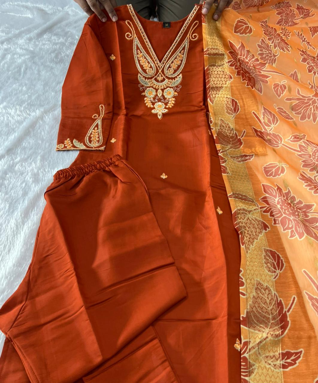 Charming Festive Wear Roman Silk Embroidery n Sequence Work Designer Straight Kurta With Trouser n Dupatta Set - Image 3