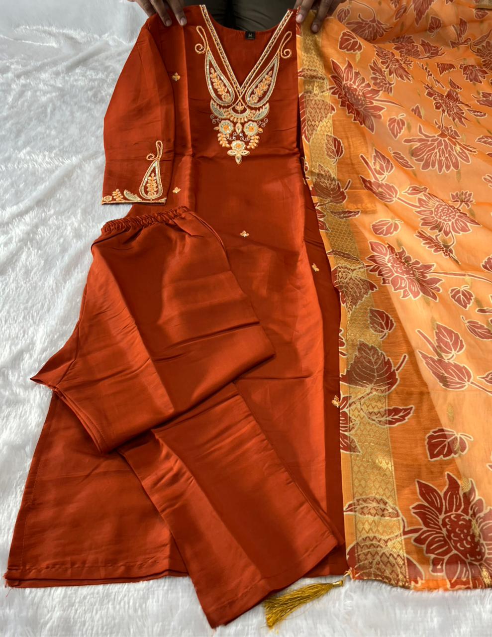 Charming Festive Wear Roman Silk Embroidery n Sequence Work Designer Straight Kurta With Trouser n Dupatta Set - Image 4
