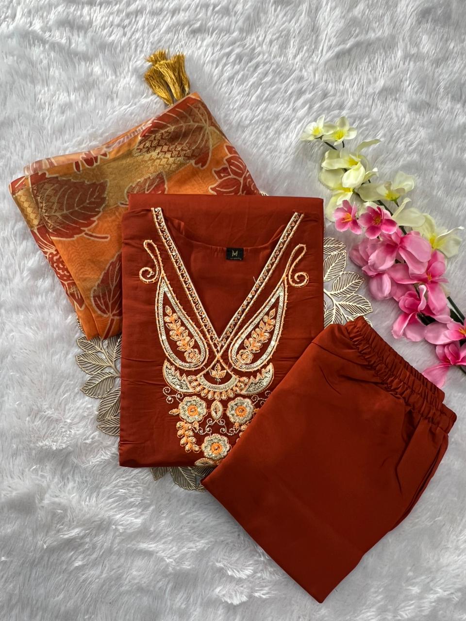 Charming Festive Wear Roman Silk Embroidery n Sequence Work Designer Straight Kurta With Trouser n Dupatta Set - Image 5