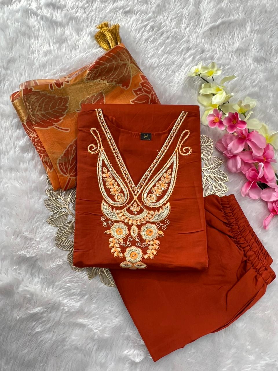 Charming Festive Wear Roman Silk Embroidery n Sequence Work Designer Straight Kurta With Trouser n Dupatta Set - Image 6