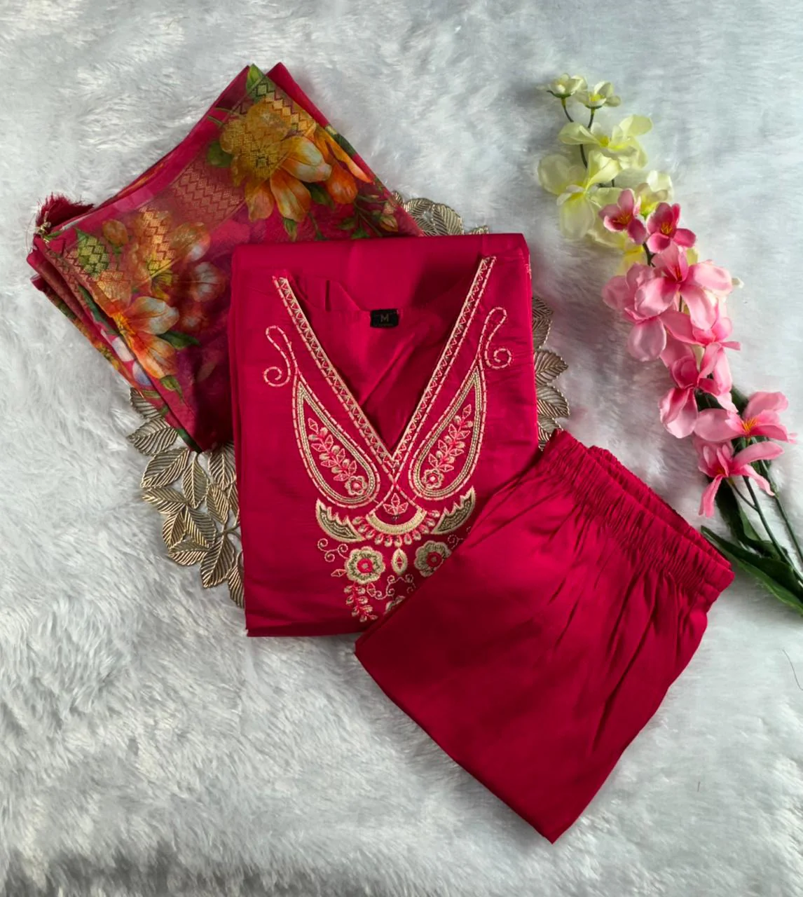 Forbearance Wedding Wear Pink Color Roman Silk Embroidery n Sequence Work Designer Straight Kurta With Trouser n Dupatta Set - Image 3