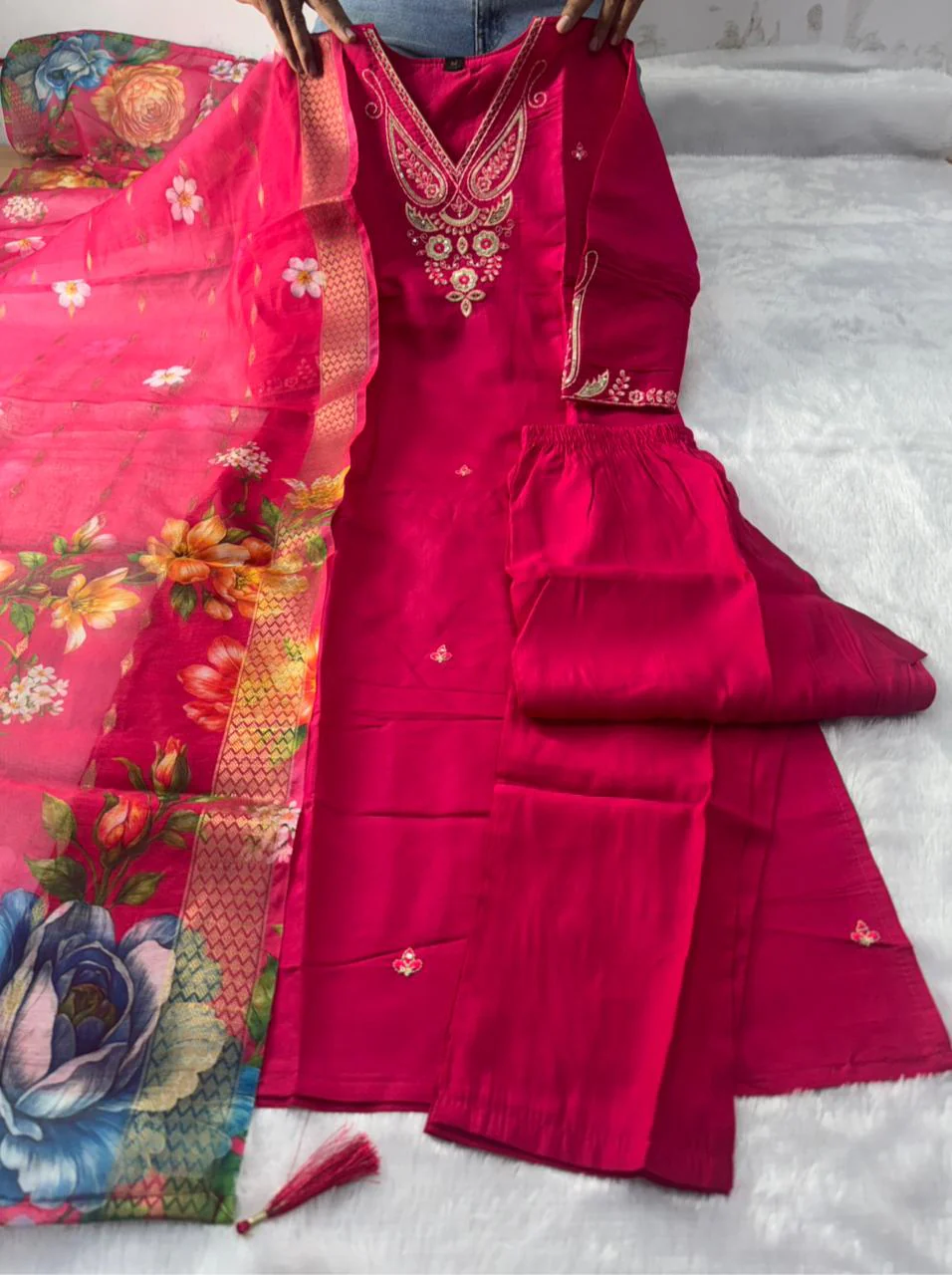 Forbearance Wedding Wear Pink Color Roman Silk Embroidery n Sequence Work Designer Straight Kurta With Trouser n Dupatta Set - Image 4