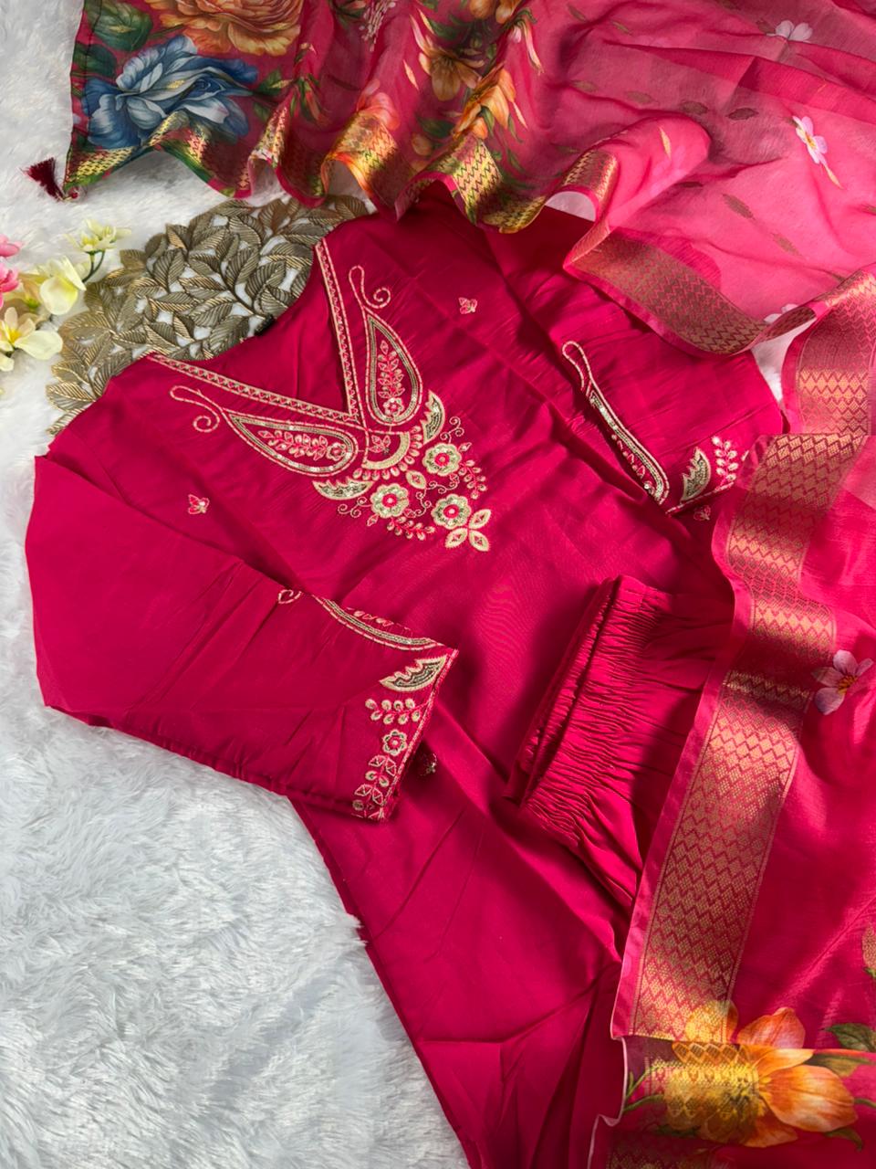 Forbearance Wedding Wear Pink Color Roman Silk Embroidery n Sequence Work Designer Straight Kurta With Trouser n Dupatta Set - Image 5