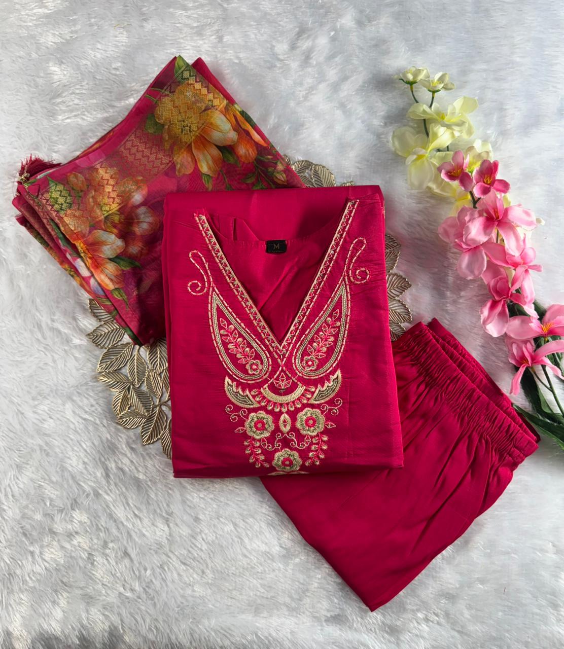 Forbearance Wedding Wear Pink Color Roman Silk Embroidery n Sequence Work Designer Straight Kurta With Trouser n Dupatta Set - Image 6