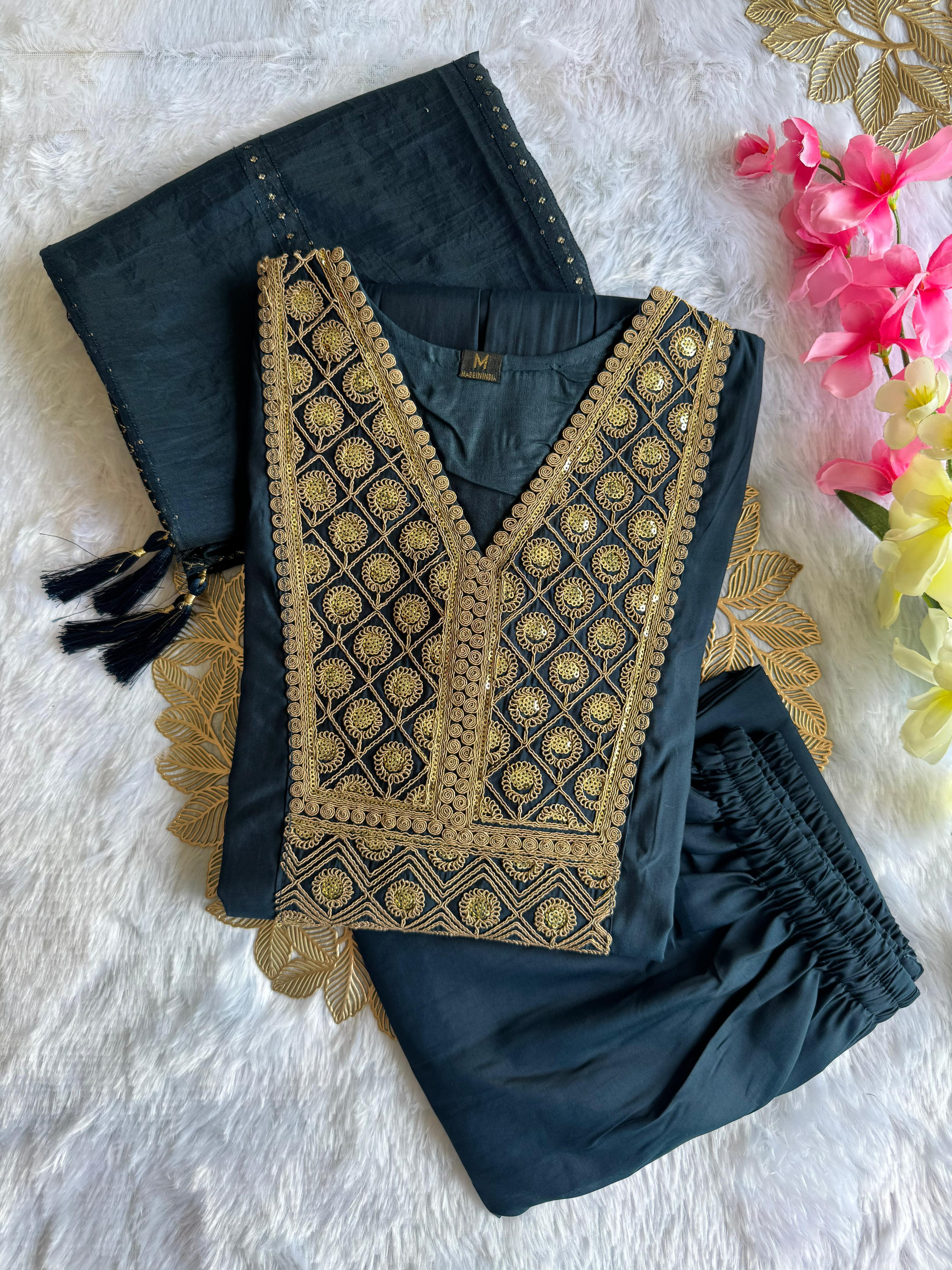 Latest Function Wear Teal Blue Color Cotton Embroidery n Sequence Work Designer Straight Kurta With Trouser n Dupatta Set - Image 3