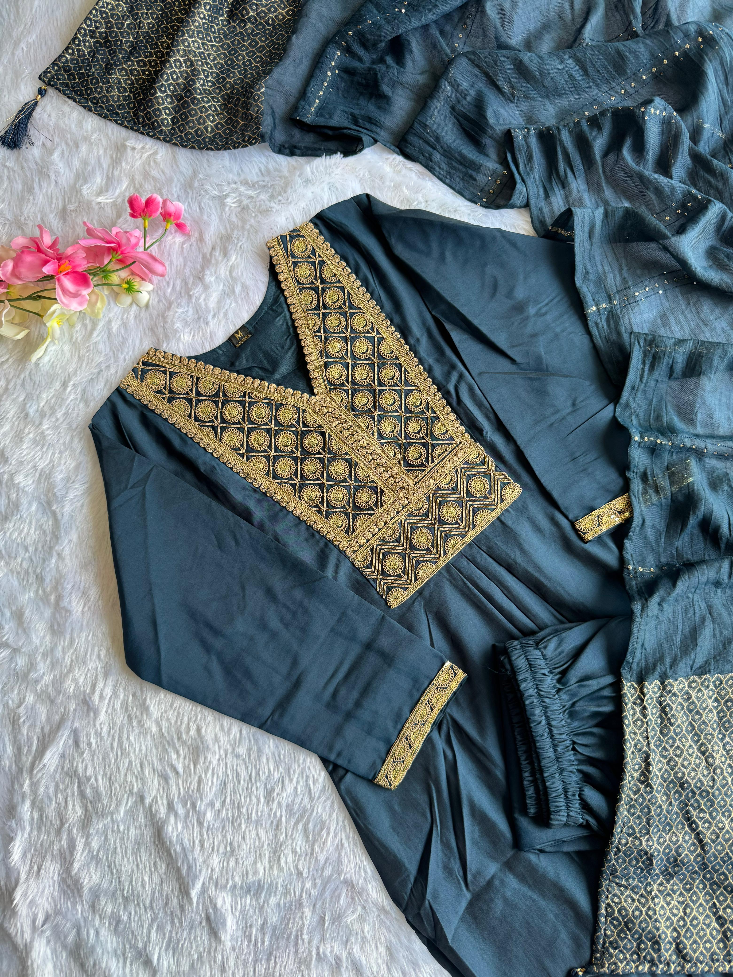 Latest Function Wear Teal Blue Color Cotton Embroidery n Sequence Work Designer Straight Kurta With Trouser n Dupatta Set - Image 4