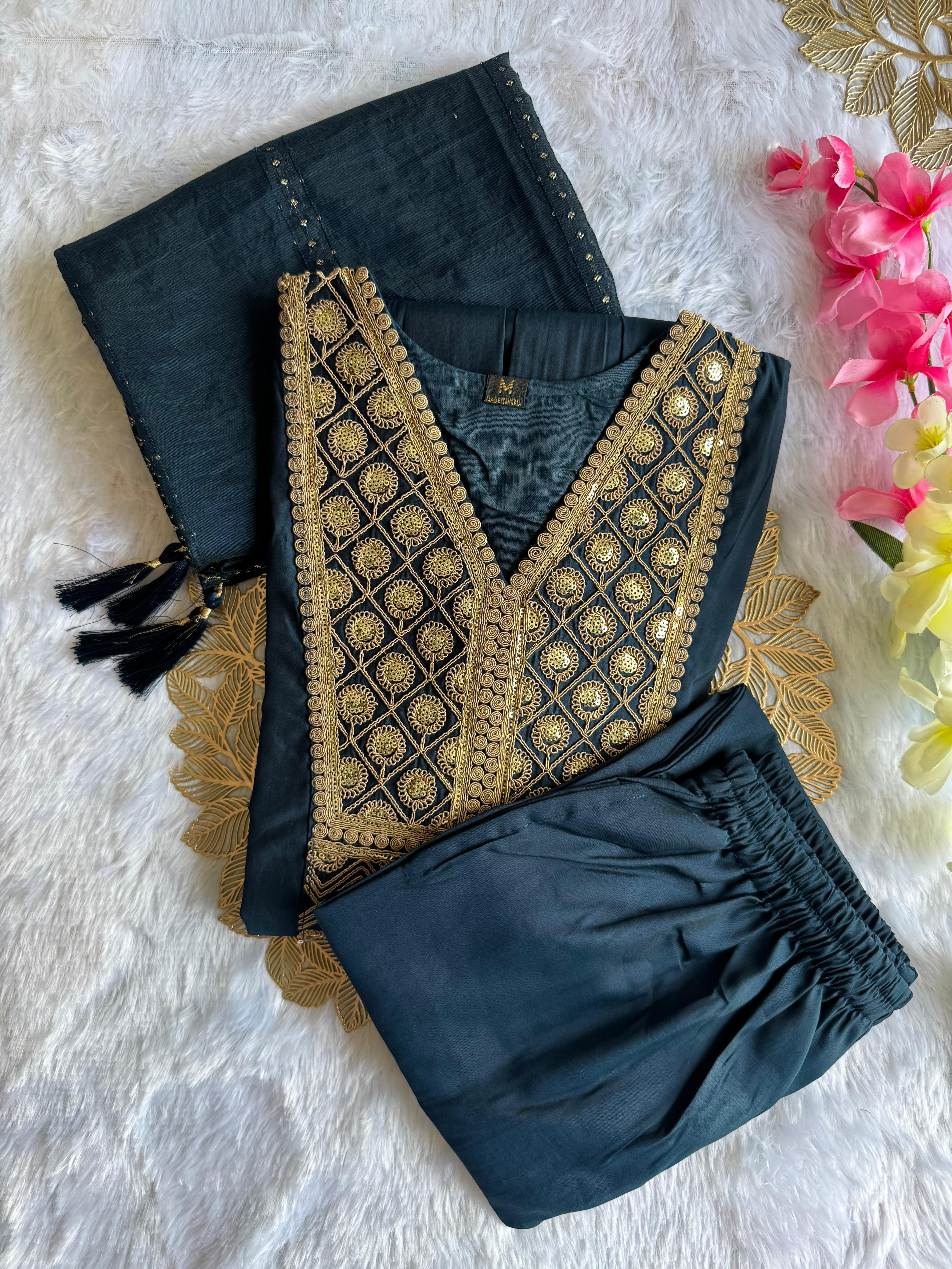 Latest Function Wear Teal Blue Color Cotton Embroidery n Sequence Work Designer Straight Kurta With Trouser n Dupatta Set - Image 5