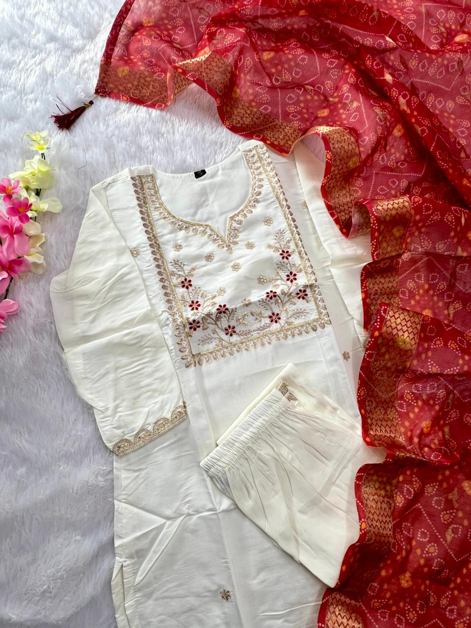 Luxurious Party Wear Roman Silk Embroidery n Sequence Work Designer Straight Kurta With Trouser n Dupatta Set - Image 4