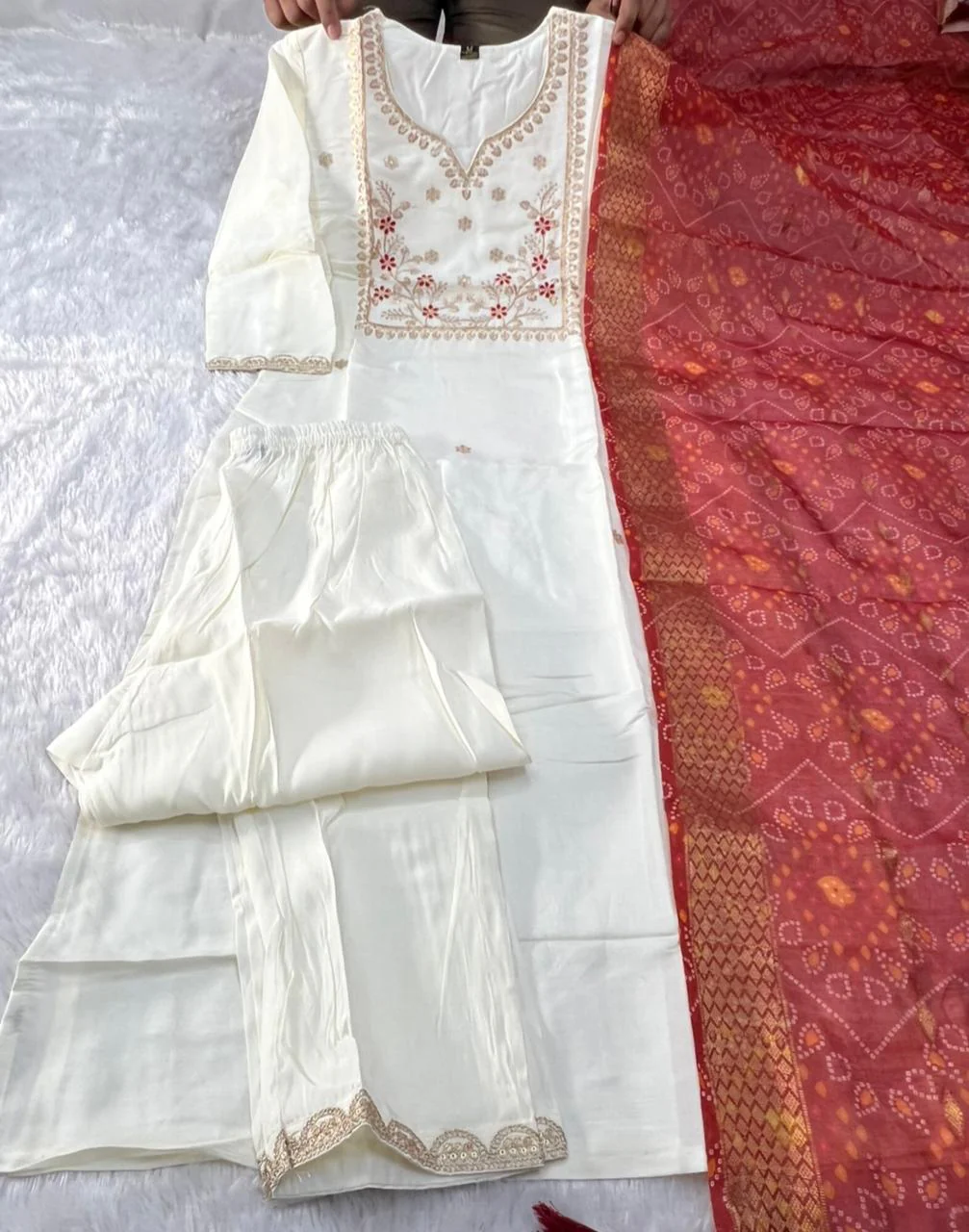 Luxurious Party Wear Roman Silk Embroidery n Sequence Work Designer Straight Kurta With Trouser n Dupatta Set - Image 6