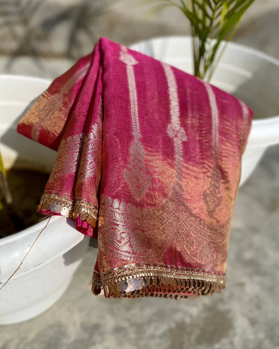 New Beautiful Wedding wear Two Tone Soft Banarasi Tissue Silk Bollywood Style Crushed Sarees - Image 8