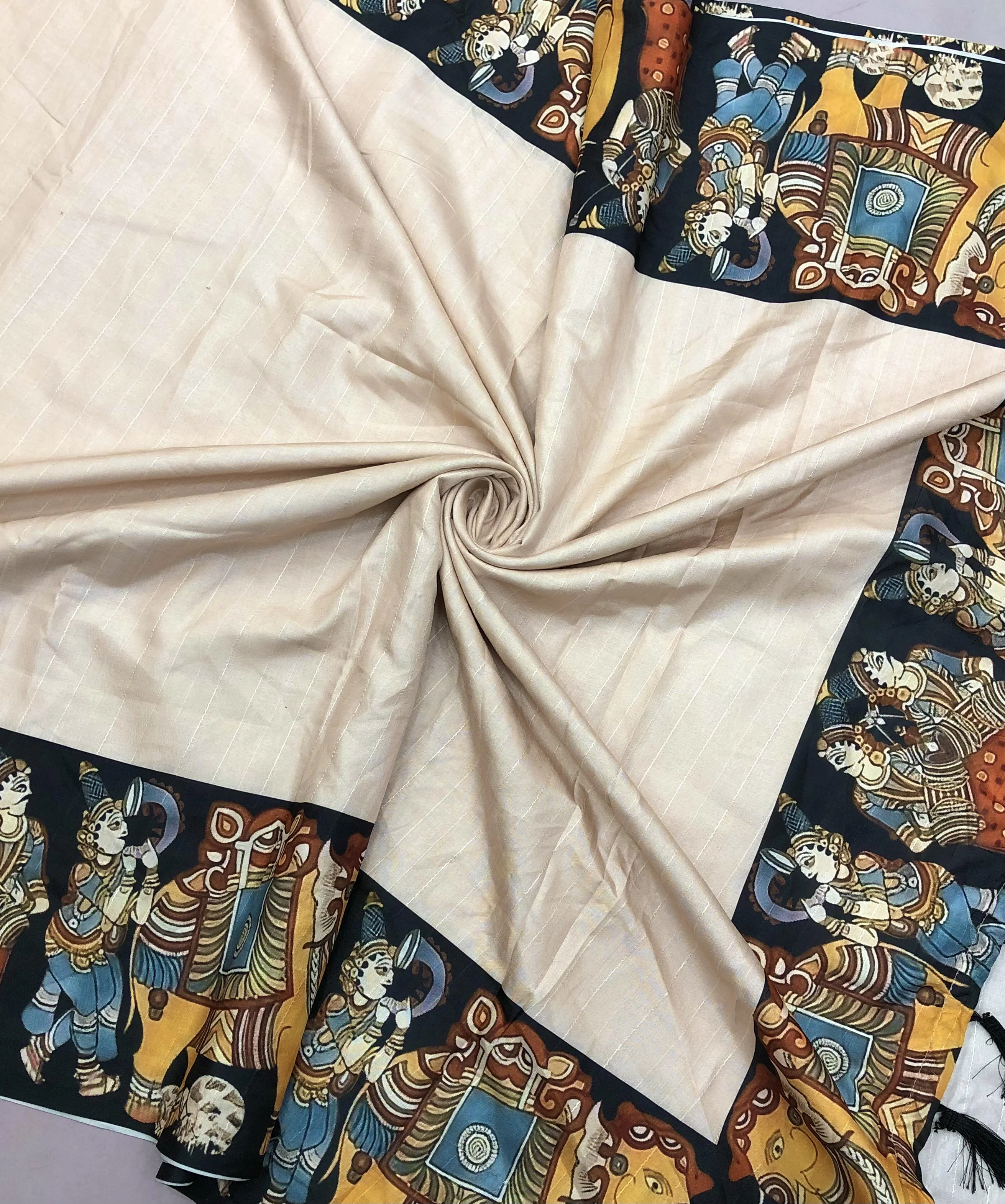 New Festive wear Handloom Tussar Silk Kalamkari Print With Tussle Work Fancy Designer Saree With Blouse - Image 3