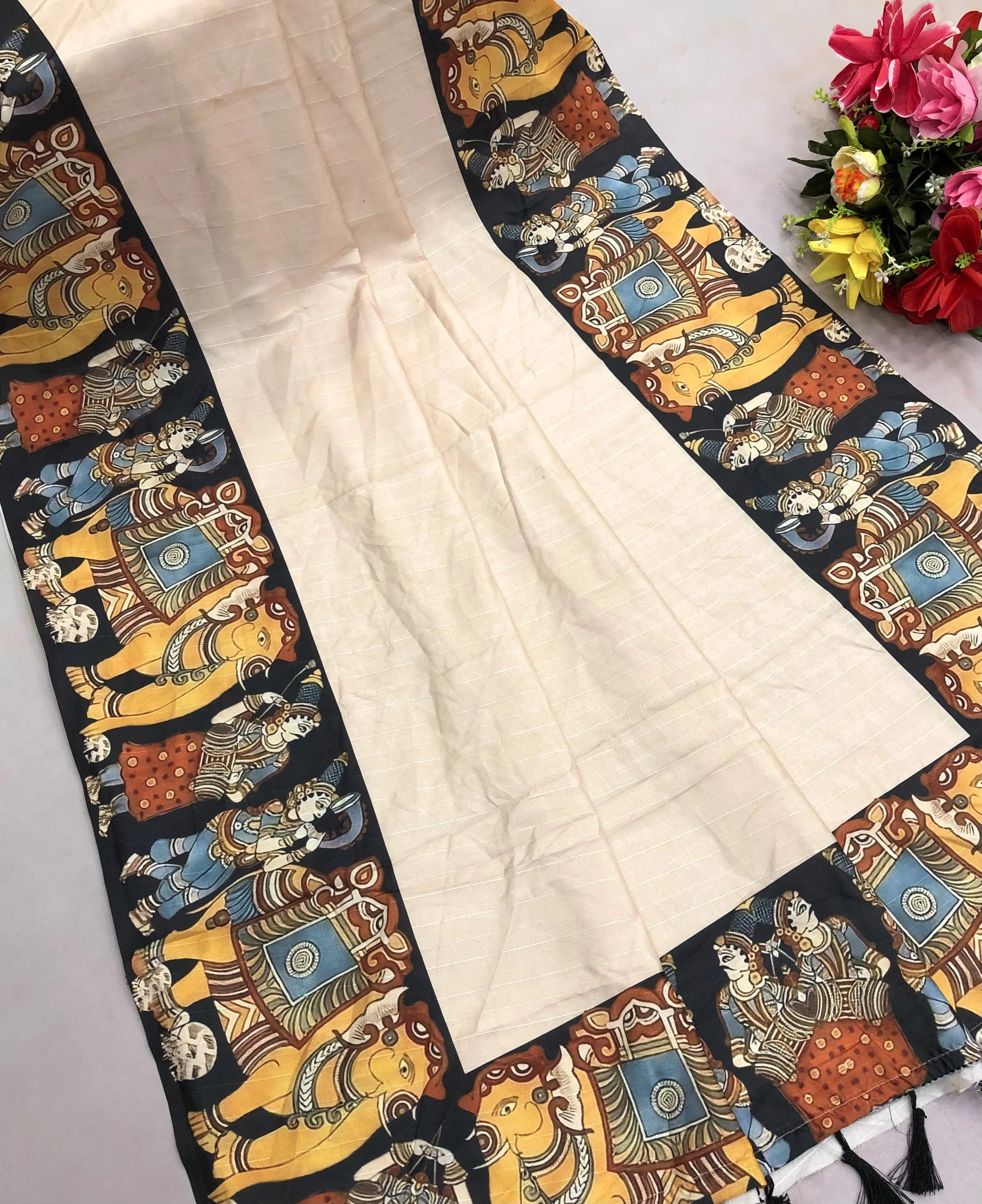 New Festive wear Handloom Tussar Silk Kalamkari Print With Tussle Work Fancy Designer Saree With Blouse - Image 4