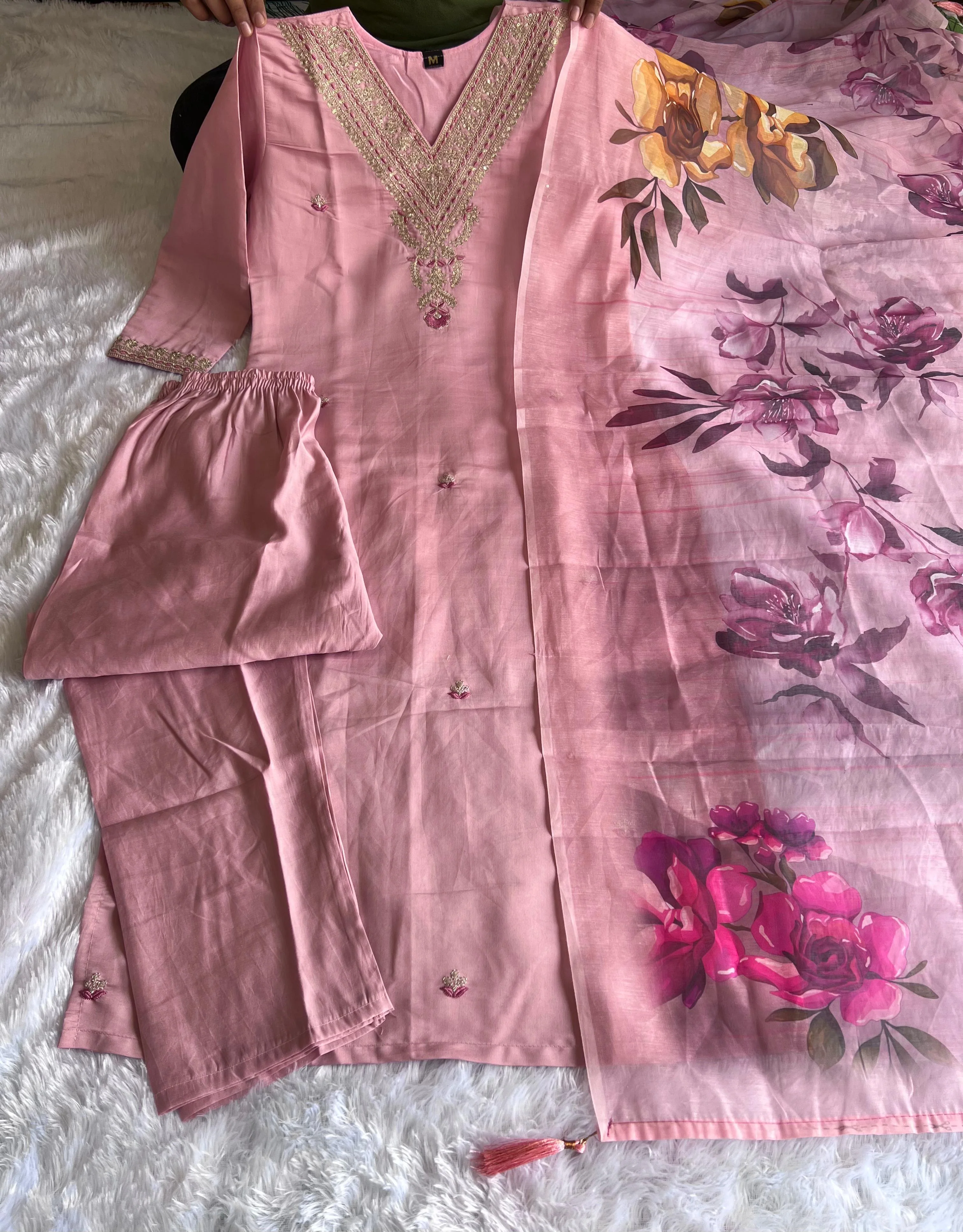 New Festive Wear Peach Color Roman Silk Embroidery n Sequence Work Designer Straight Kurta With Trouser n Dupatta Set - Image 3