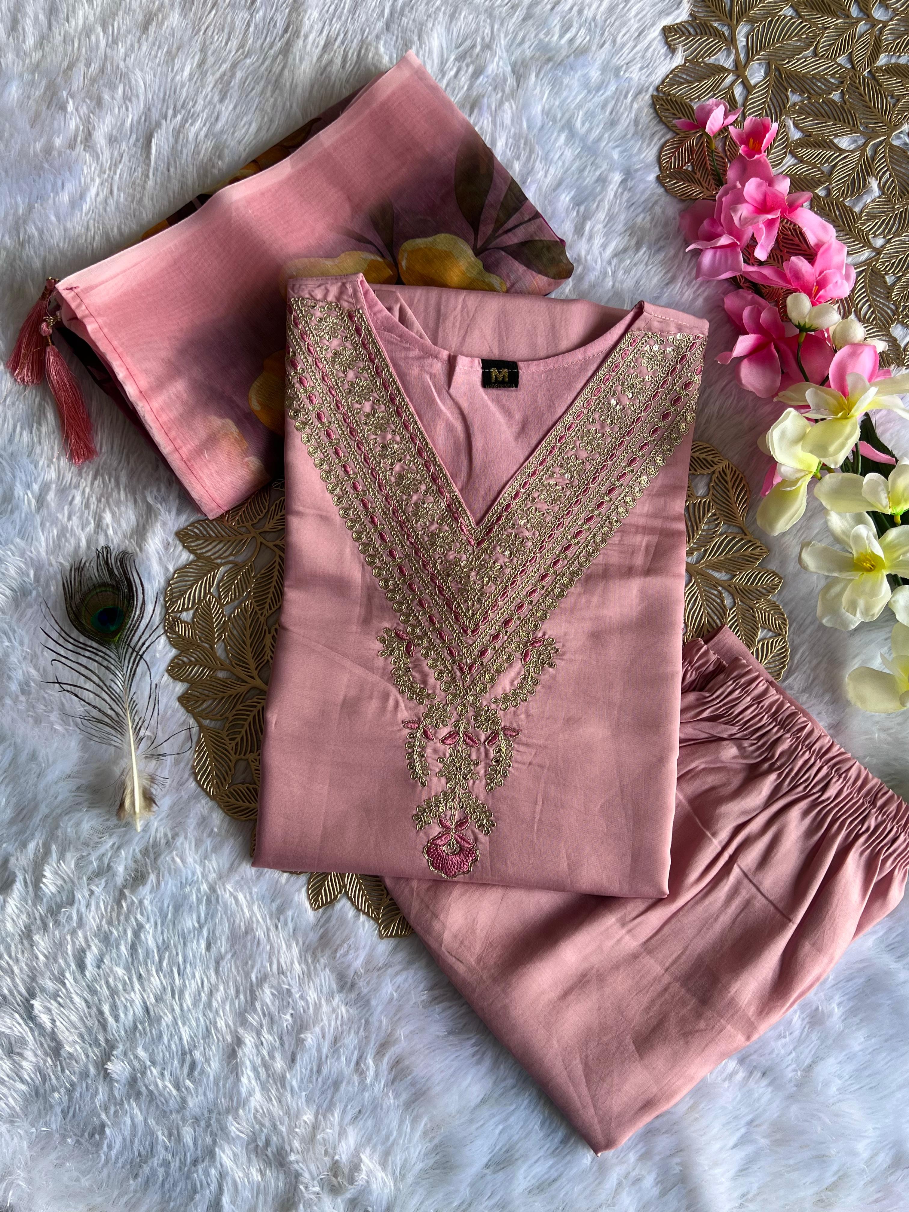 New Festive Wear Peach Color Roman Silk Embroidery n Sequence Work Designer Straight Kurta With Trouser n Dupatta Set - Image 4
