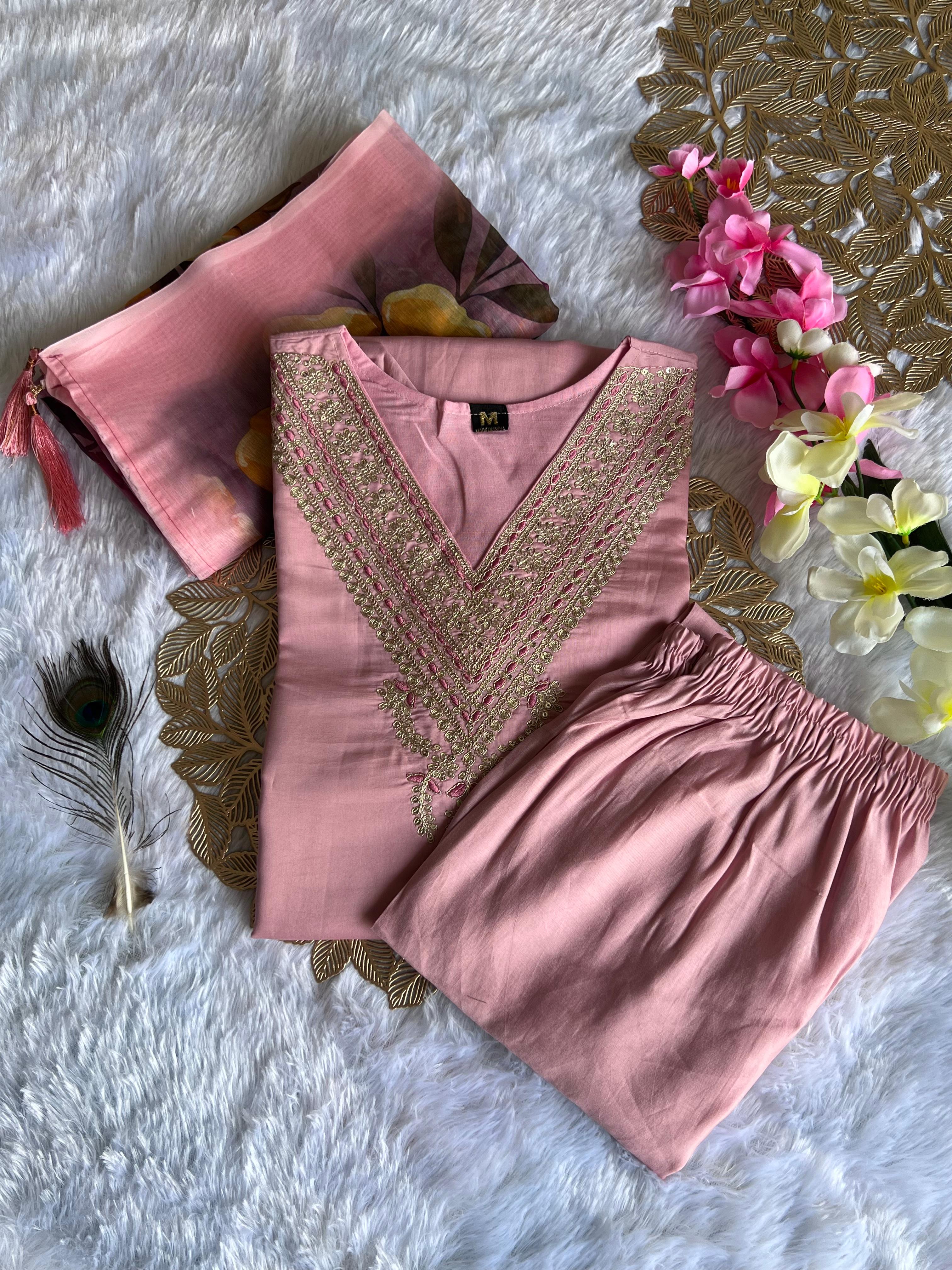 New Festive Wear Peach Color Roman Silk Embroidery n Sequence Work Designer Straight Kurta With Trouser n Dupatta Set - Image 5