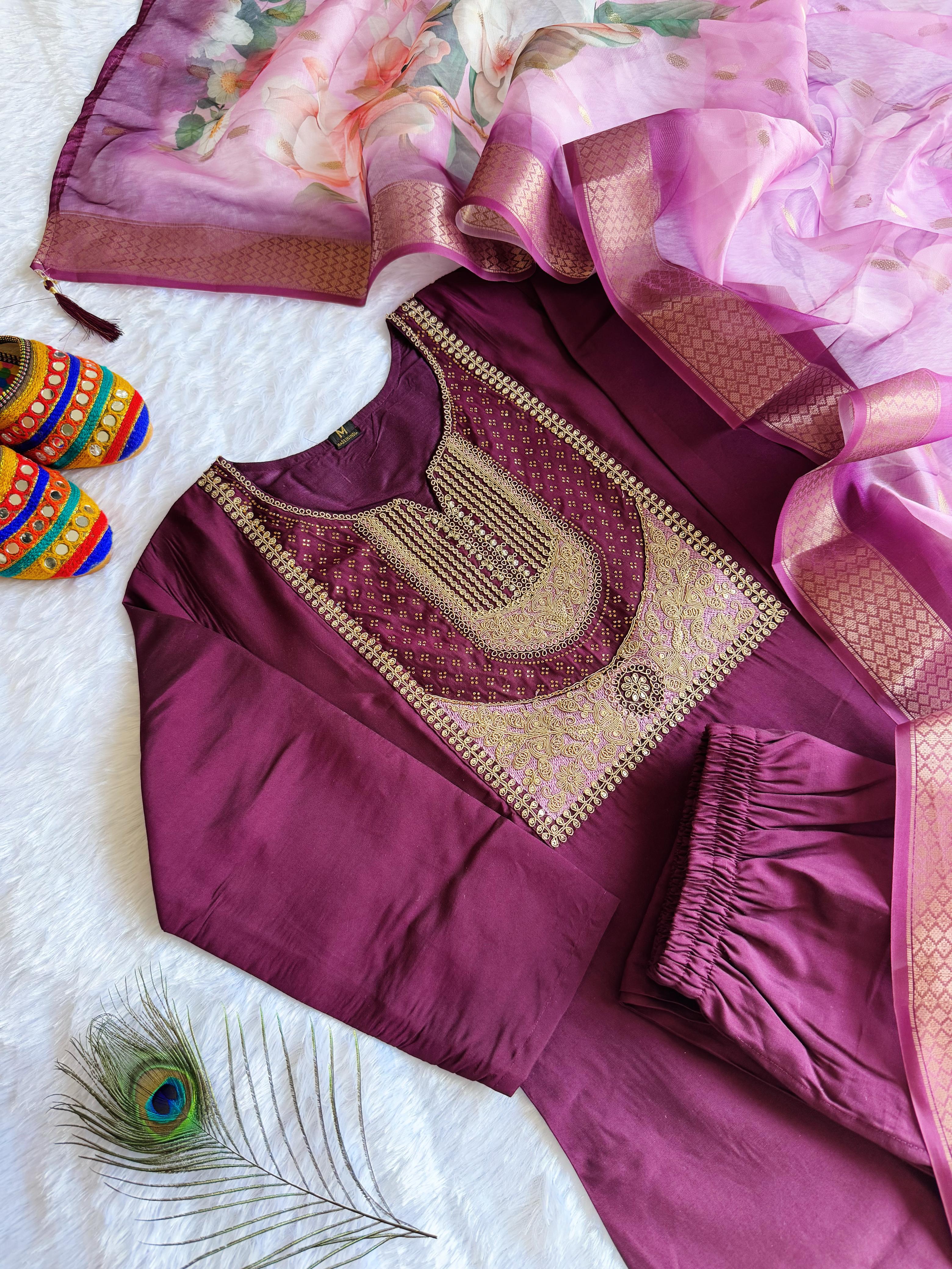 New Festive Wear Wine Color Roman Silk Embroidery n Sequence Work Designer Straight Kurta With Trouser n Dupatta Set - Image 4