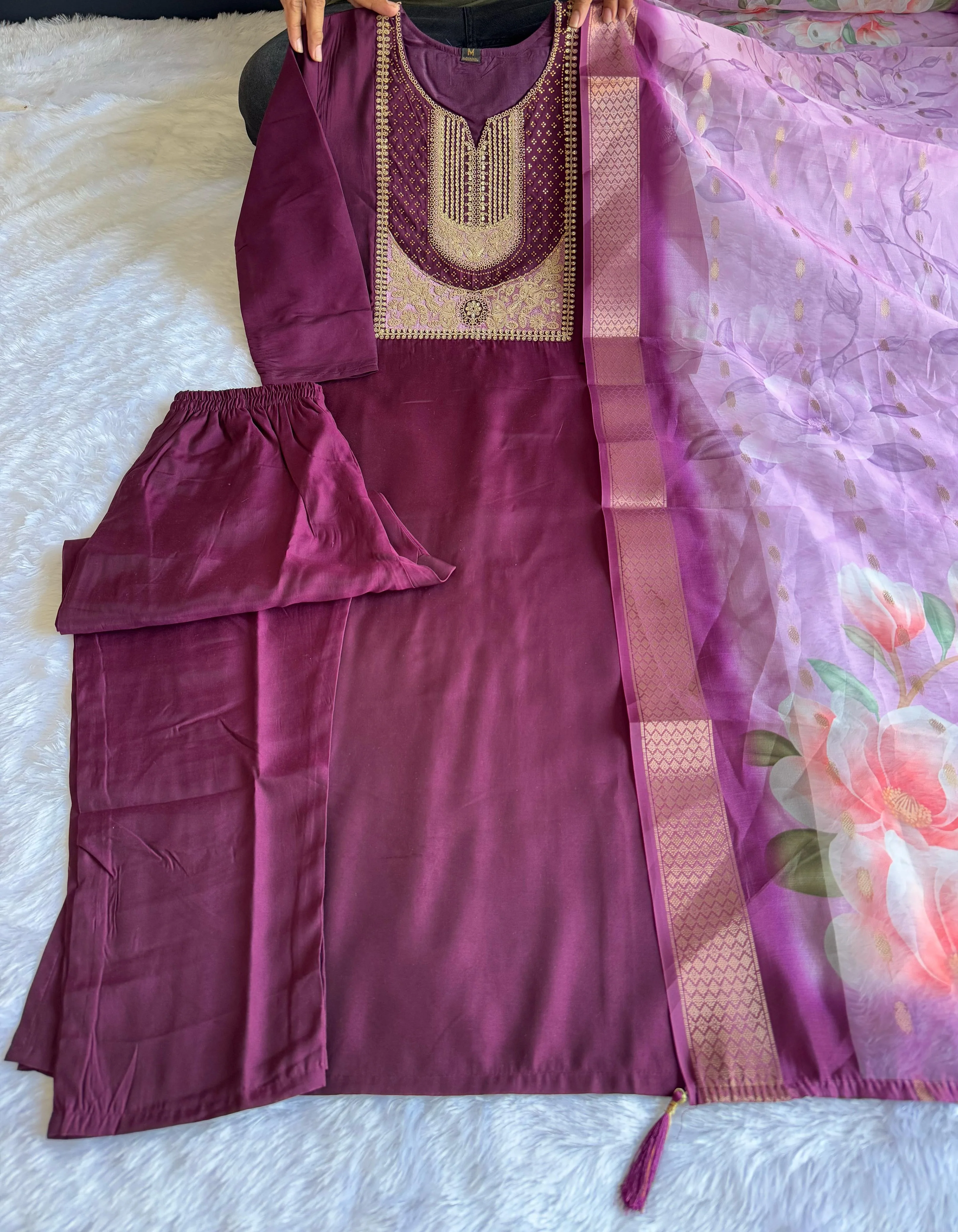New Festive Wear Wine Color Roman Silk Embroidery n Sequence Work Designer Straight Kurta With Trouser n Dupatta Set - Image 6