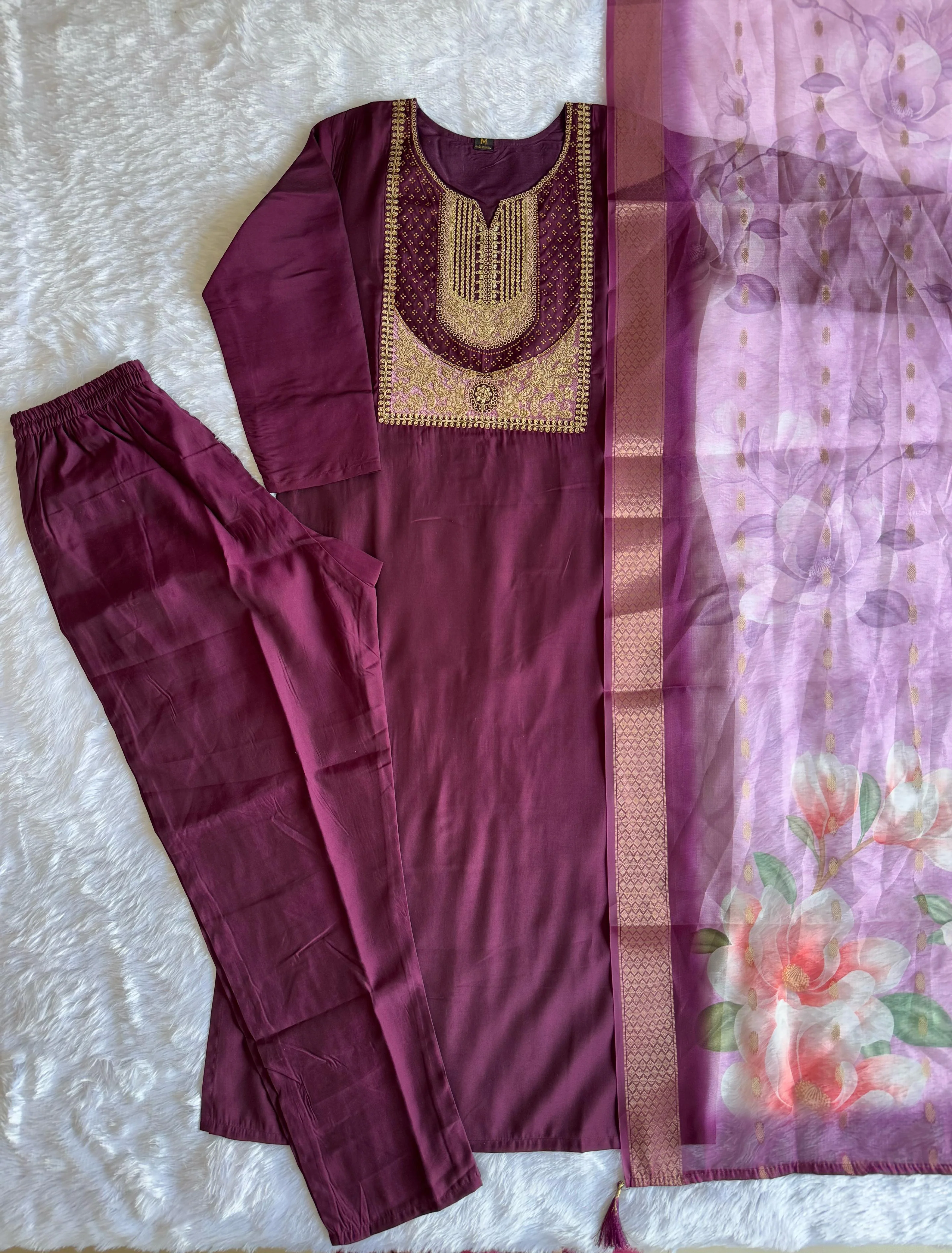 New Festive Wear Wine Color Roman Silk Embroidery n Sequence Work Designer Straight Kurta With Trouser n Dupatta Set - Image 7