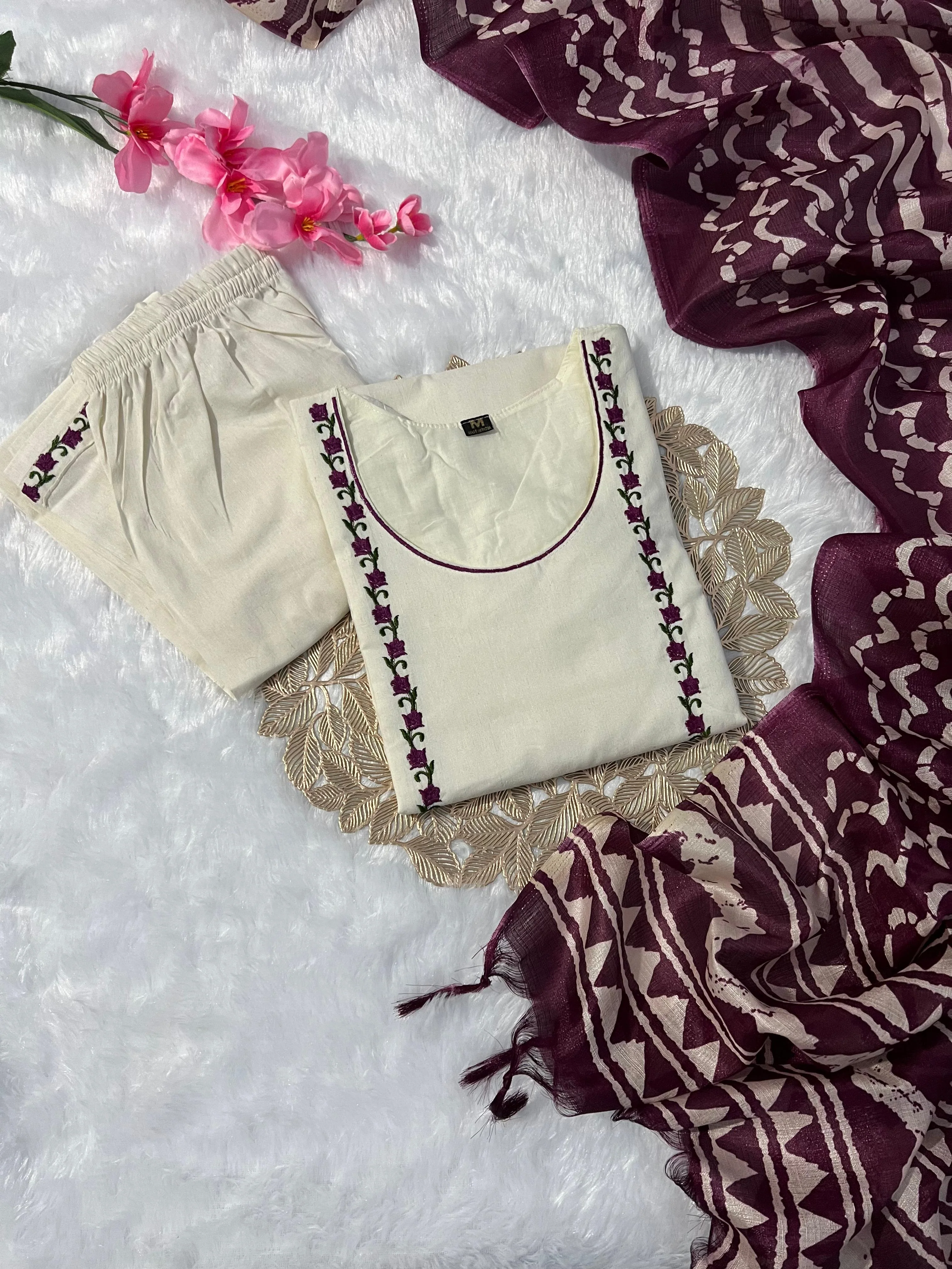New Function Wear Off White Color Embroidery Work Designer Straight Kurta With Trouser n Dupatta Set - Image 4