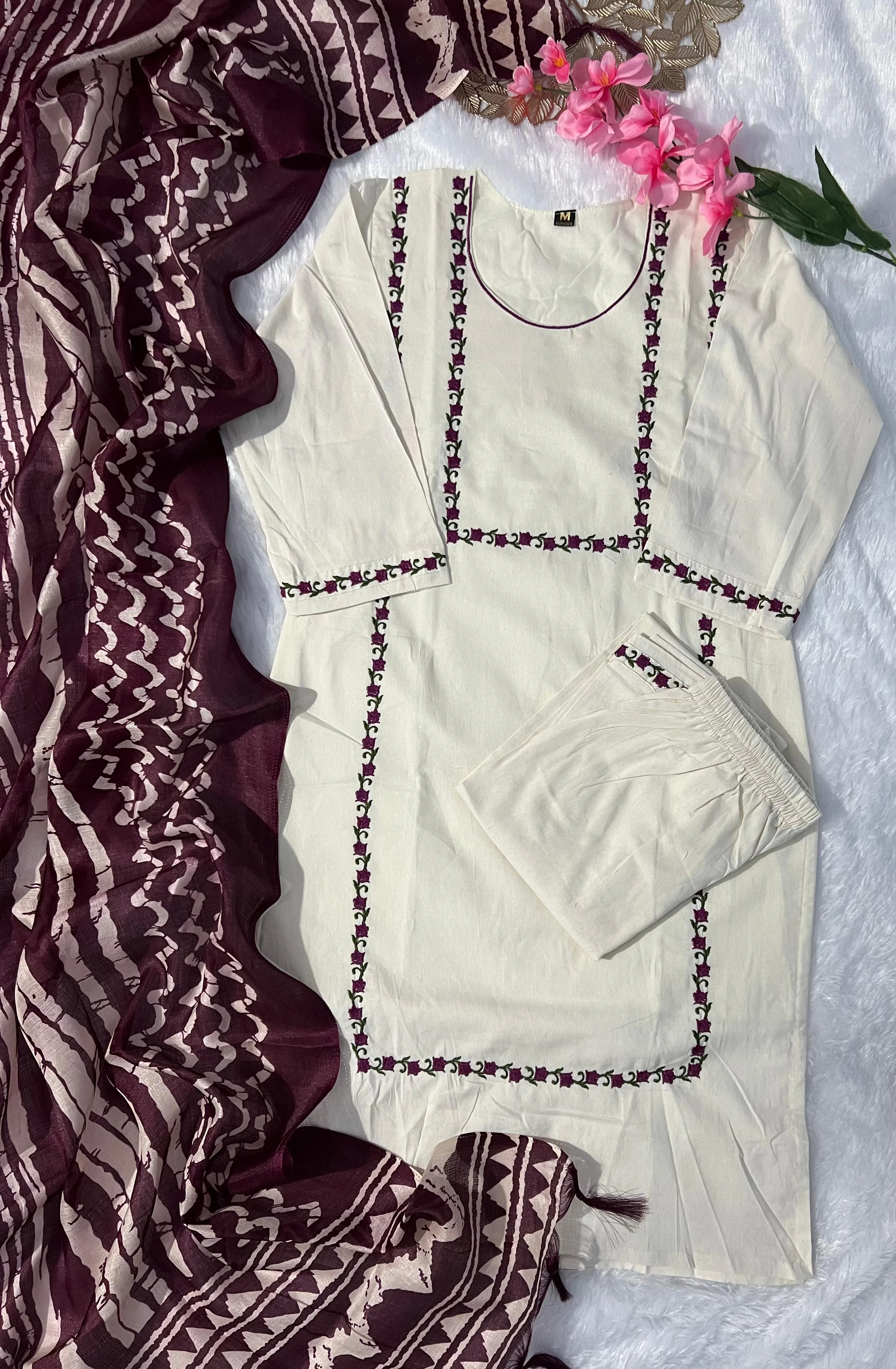 New Function Wear Off White Color Embroidery Work Designer Straight Kurta With Trouser n Dupatta Set - Image 7