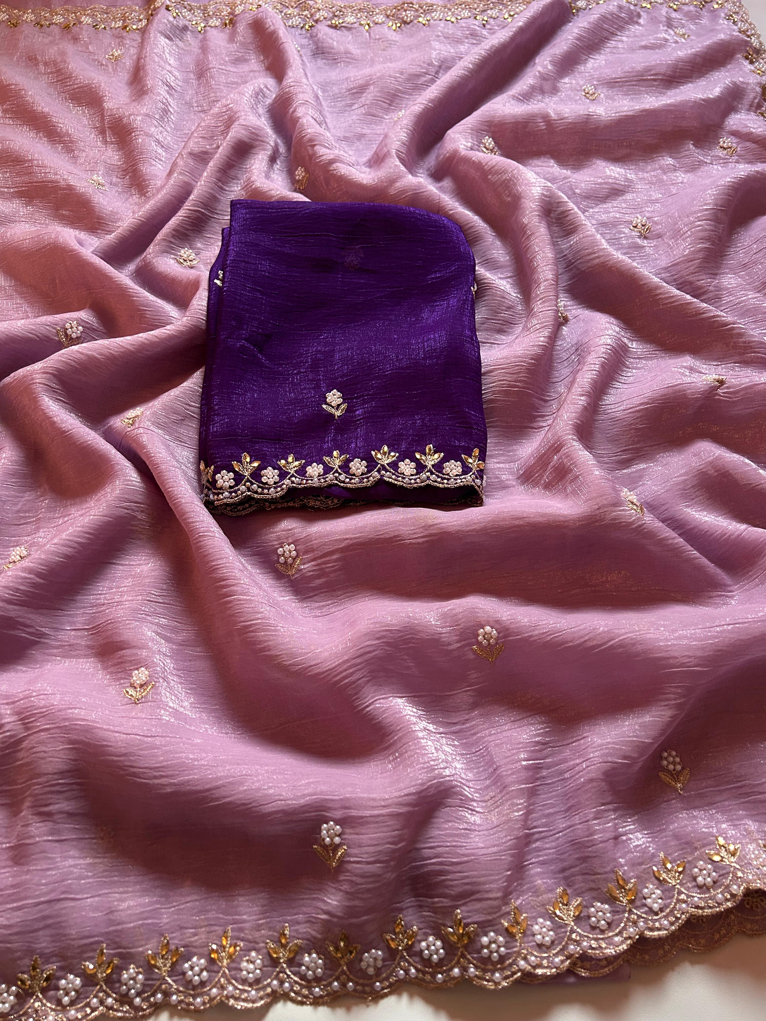 New Partywear Chiffon Embroidery n Diamond Work Partywear Fancy Designer Saree With Blouse - Image 14