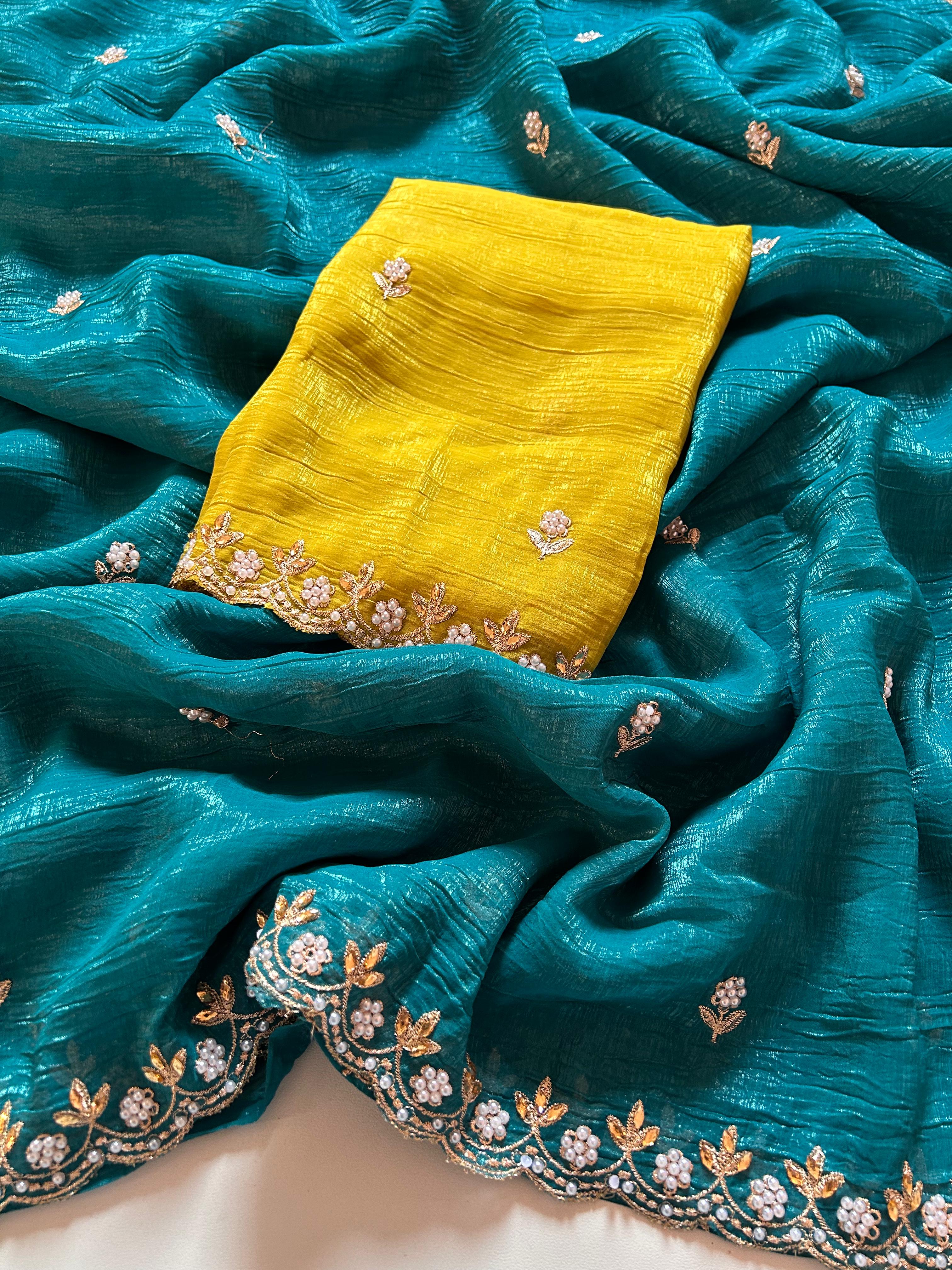 New Partywear Chiffon Embroidery n Diamond Work Partywear Fancy Designer Saree With Blouse - Image 5