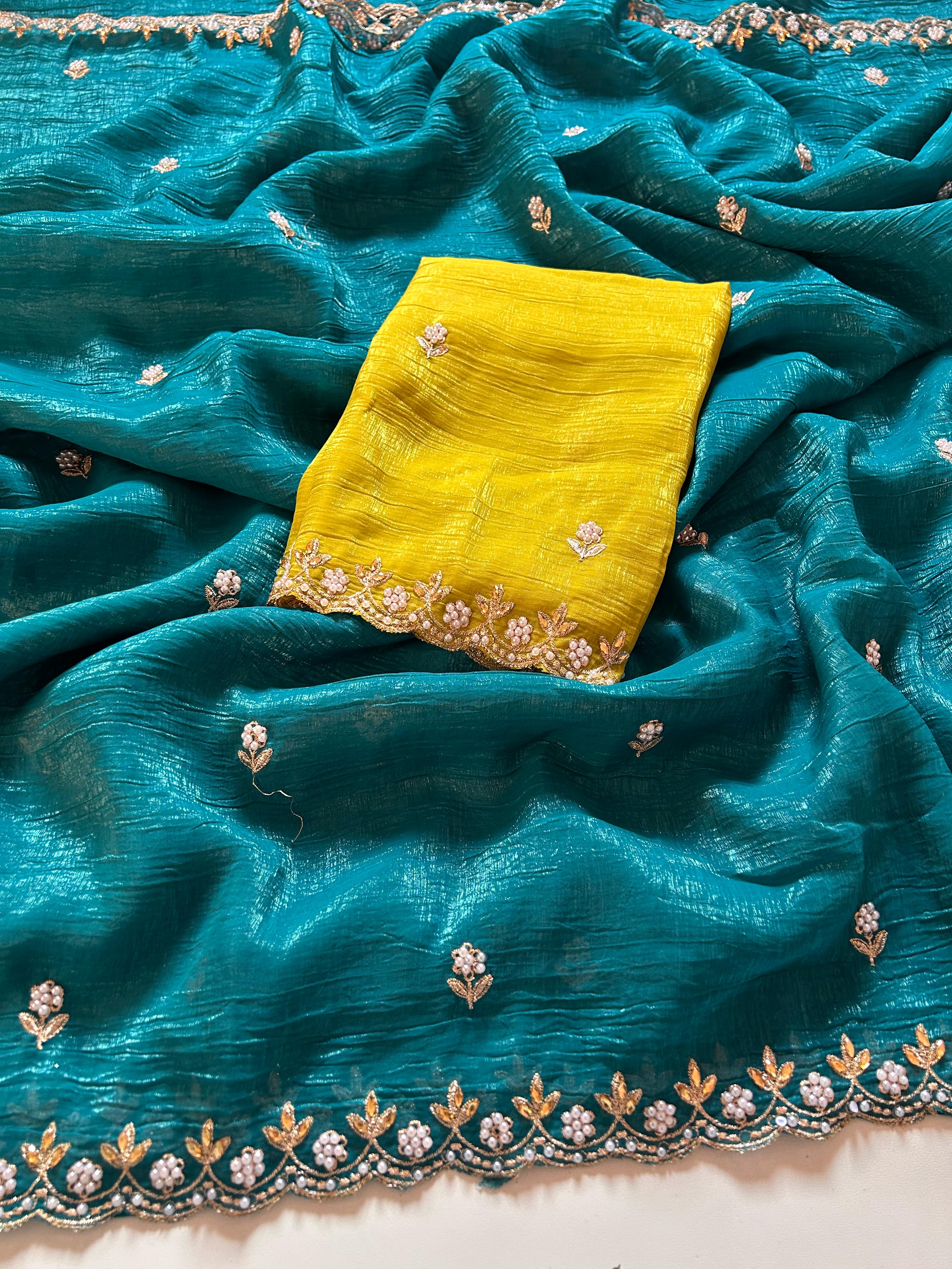 New Partywear Chiffon Embroidery n Diamond Work Partywear Fancy Designer Saree With Blouse - Image 6