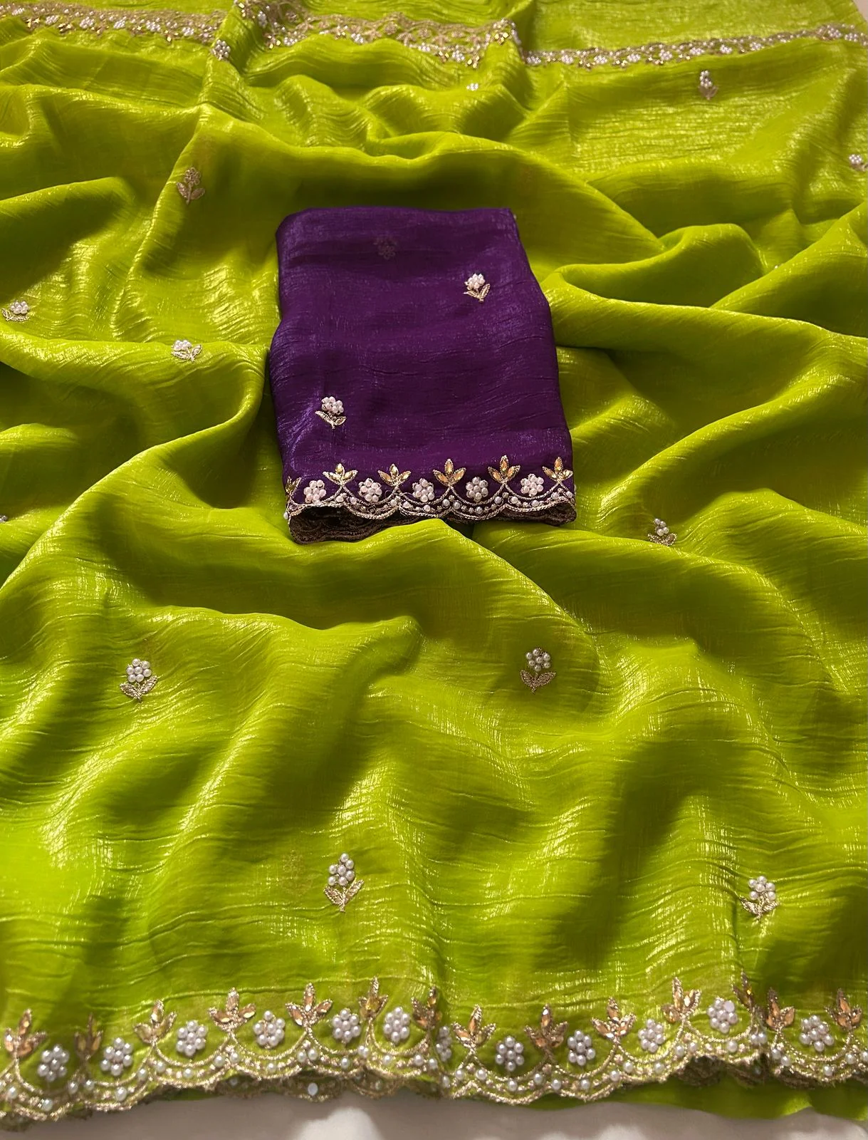 New Partywear Chiffon Embroidery n Diamond Work Partywear Fancy Designer Saree With Blouse - Image 9