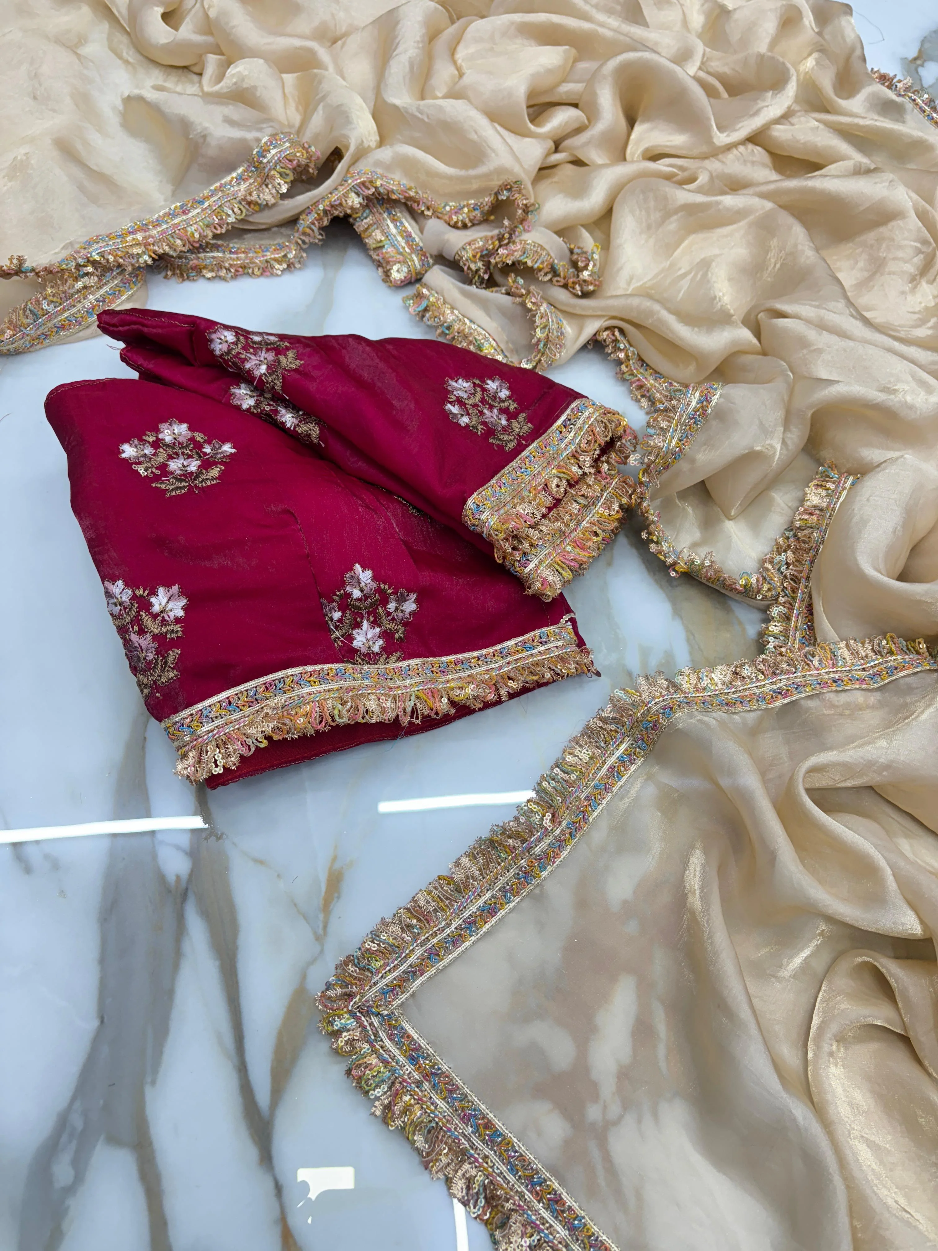 New Partywear Rich Silk Golden Color Designer Lace Work Fancy Saree With Embroidered Unstitched Blouse Piece - Image 4