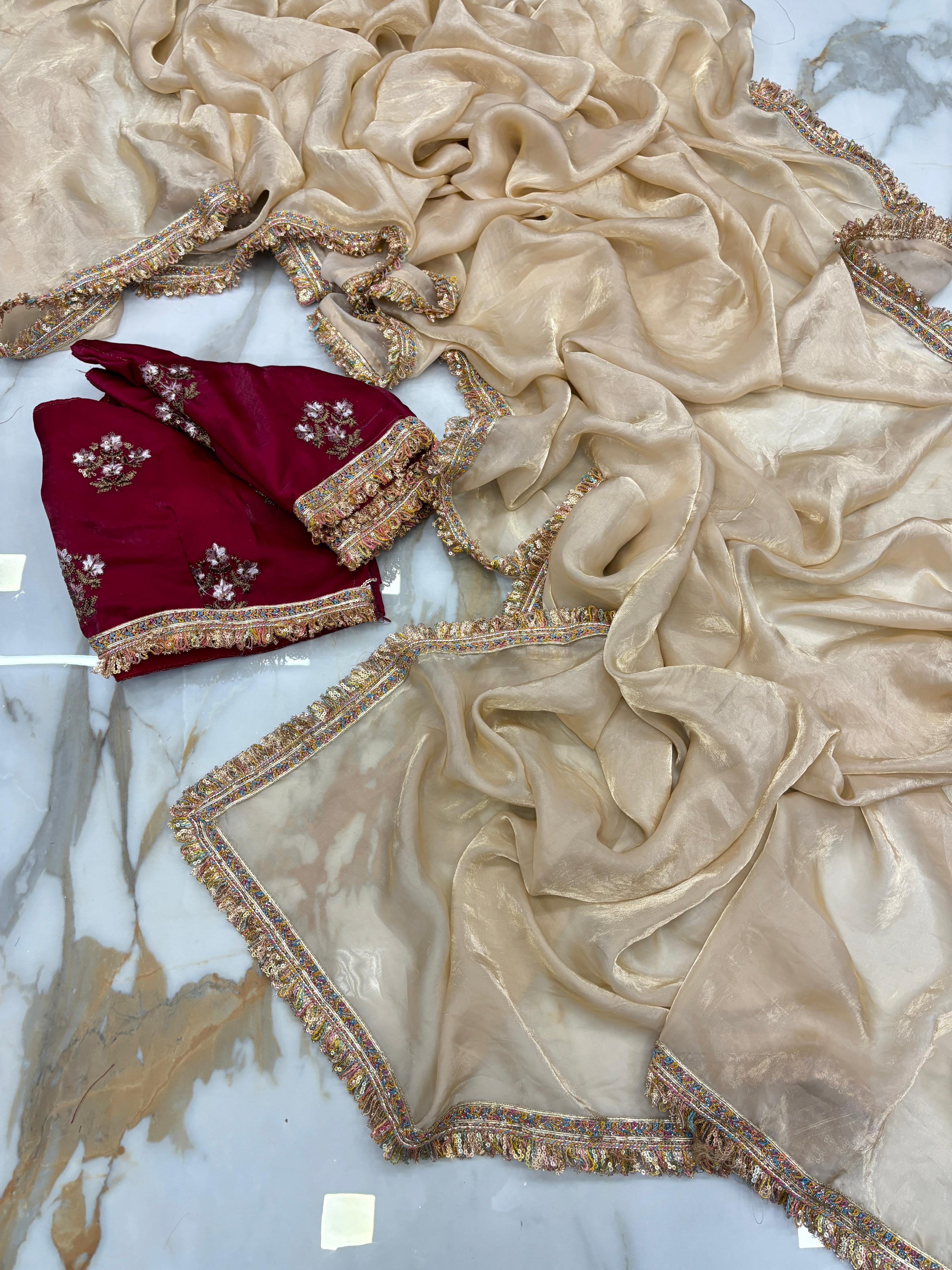 New Partywear Rich Silk Golden Color Designer Lace Work Fancy Saree With Embroidered Unstitched Blouse Piece - Image 6