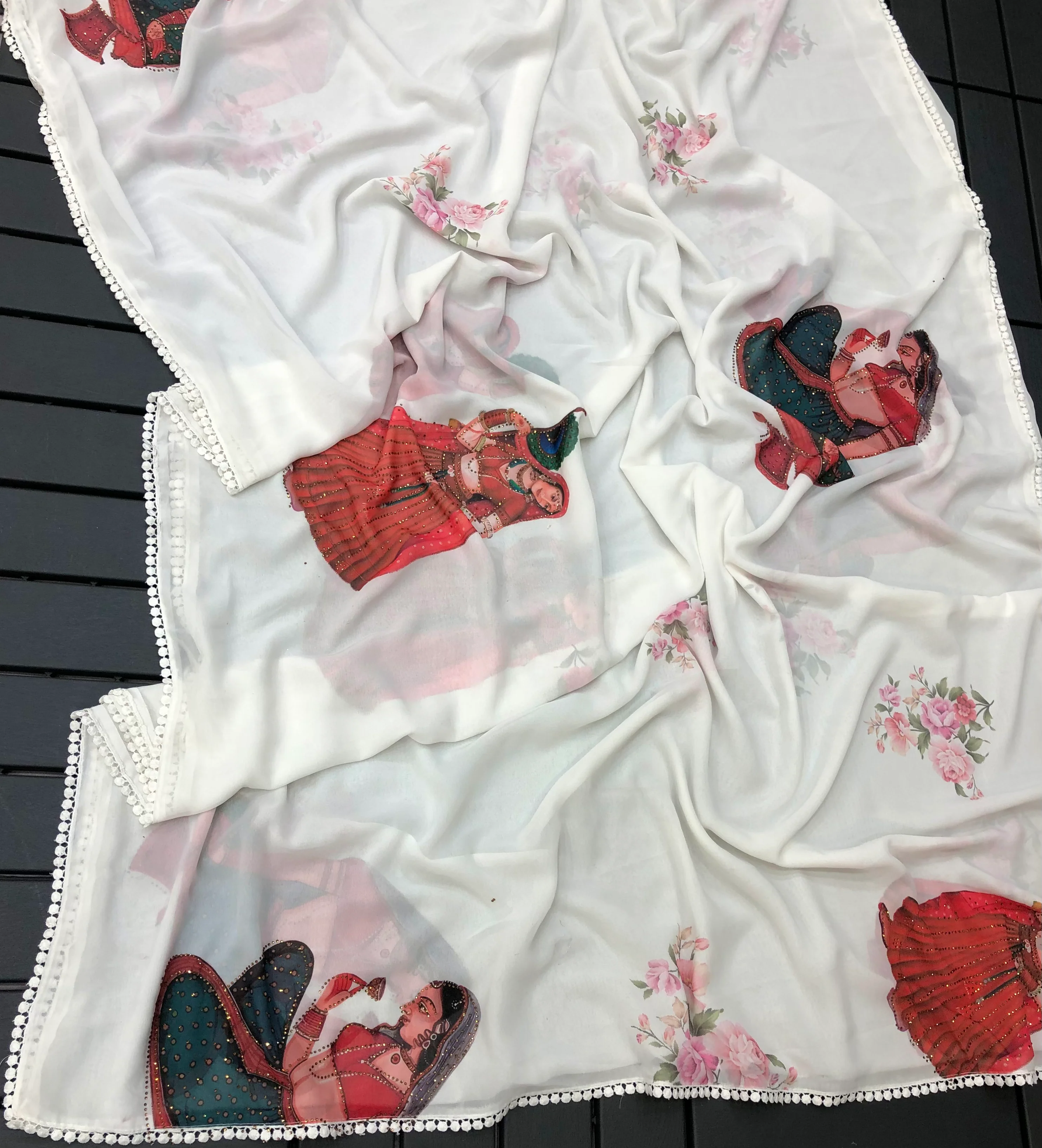 New Partywear Weightless Chiffon With Kalamkari Print n Siroski Work Fancy Designer Saree - Image 3