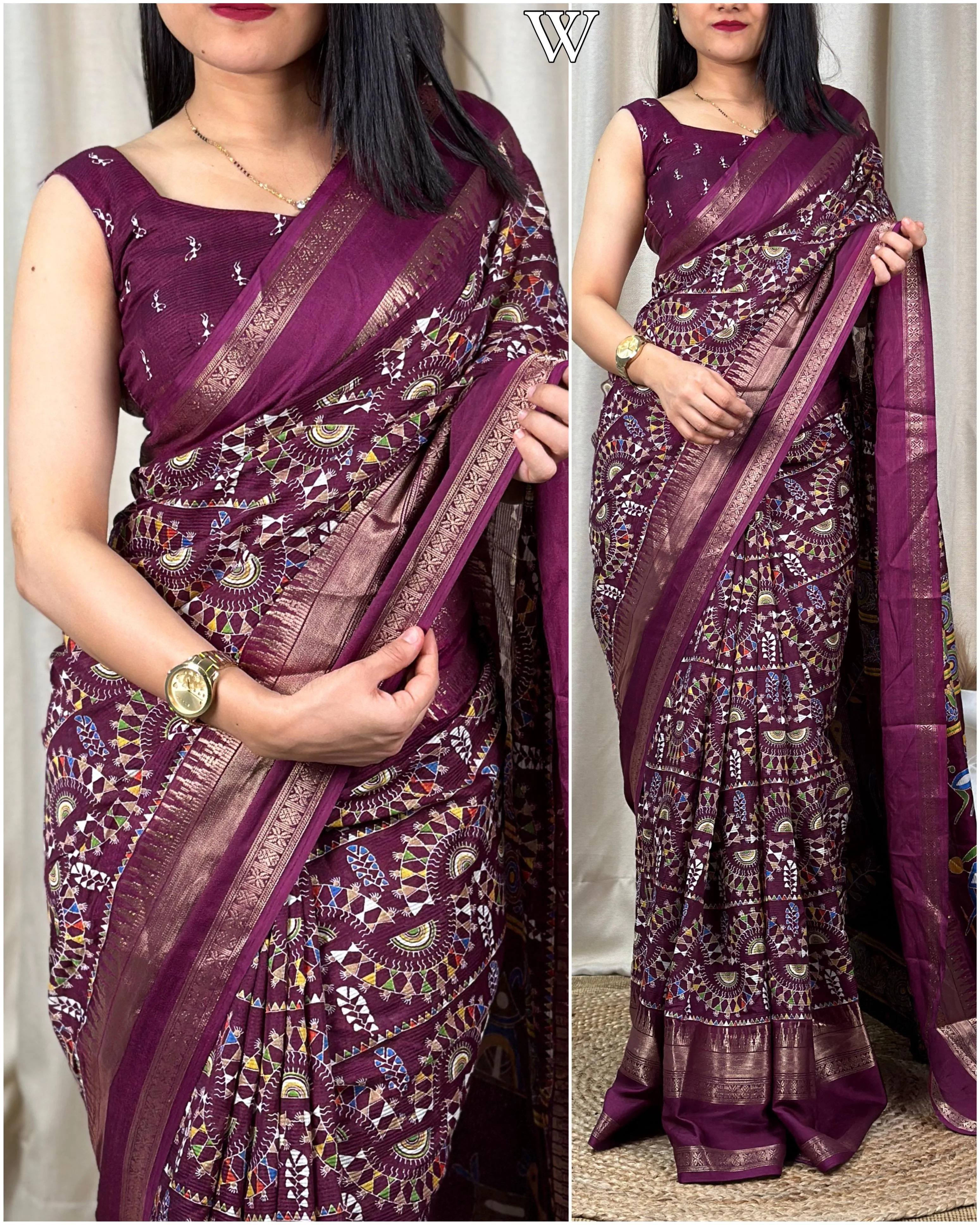 New Soft Denting Cotton Kalamkari Print Zari Border Tussles Work Printed Saree - Image 3