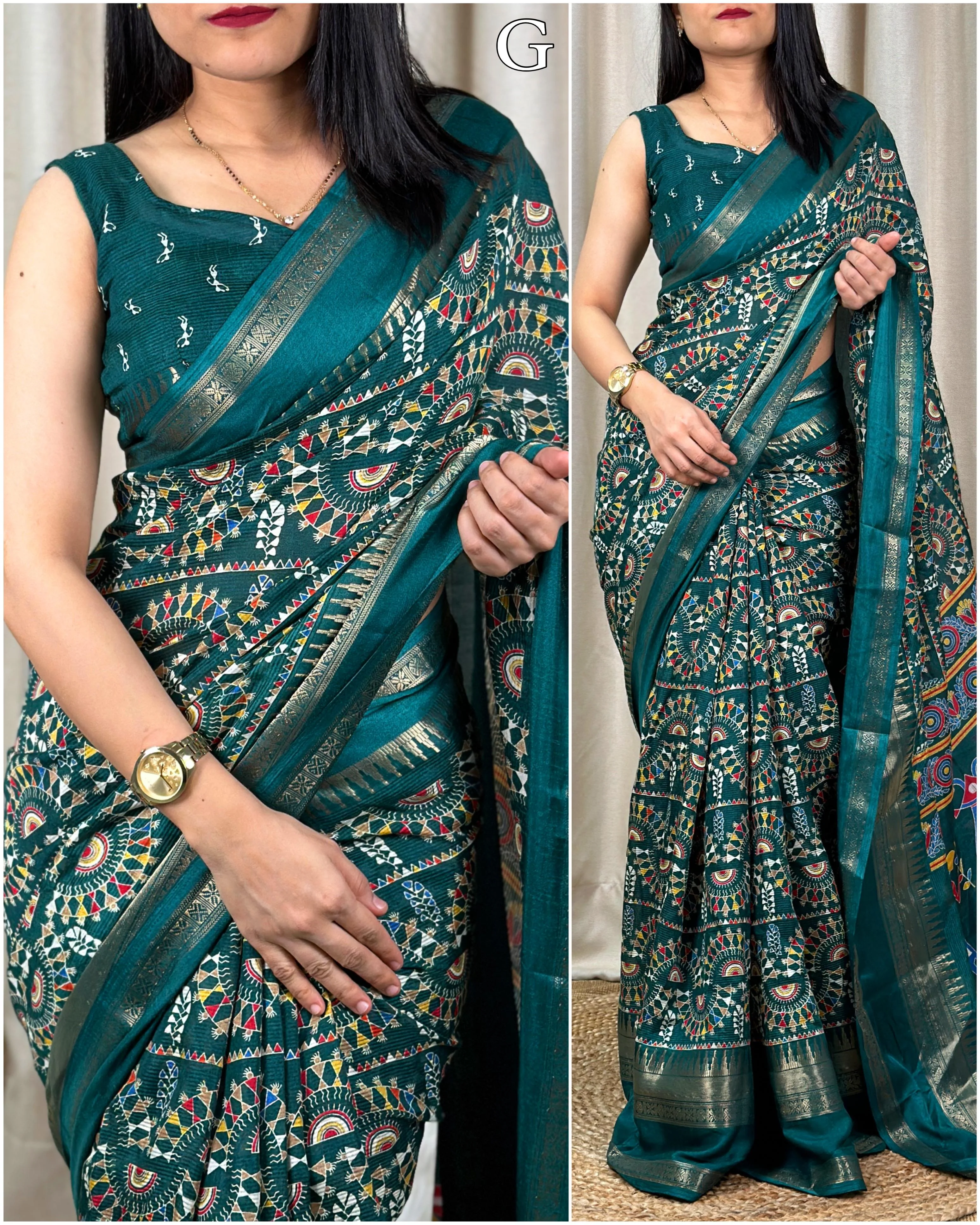 New Soft Denting Cotton Kalamkari Print Zari Border Tussles Work Printed Saree - Image 4
