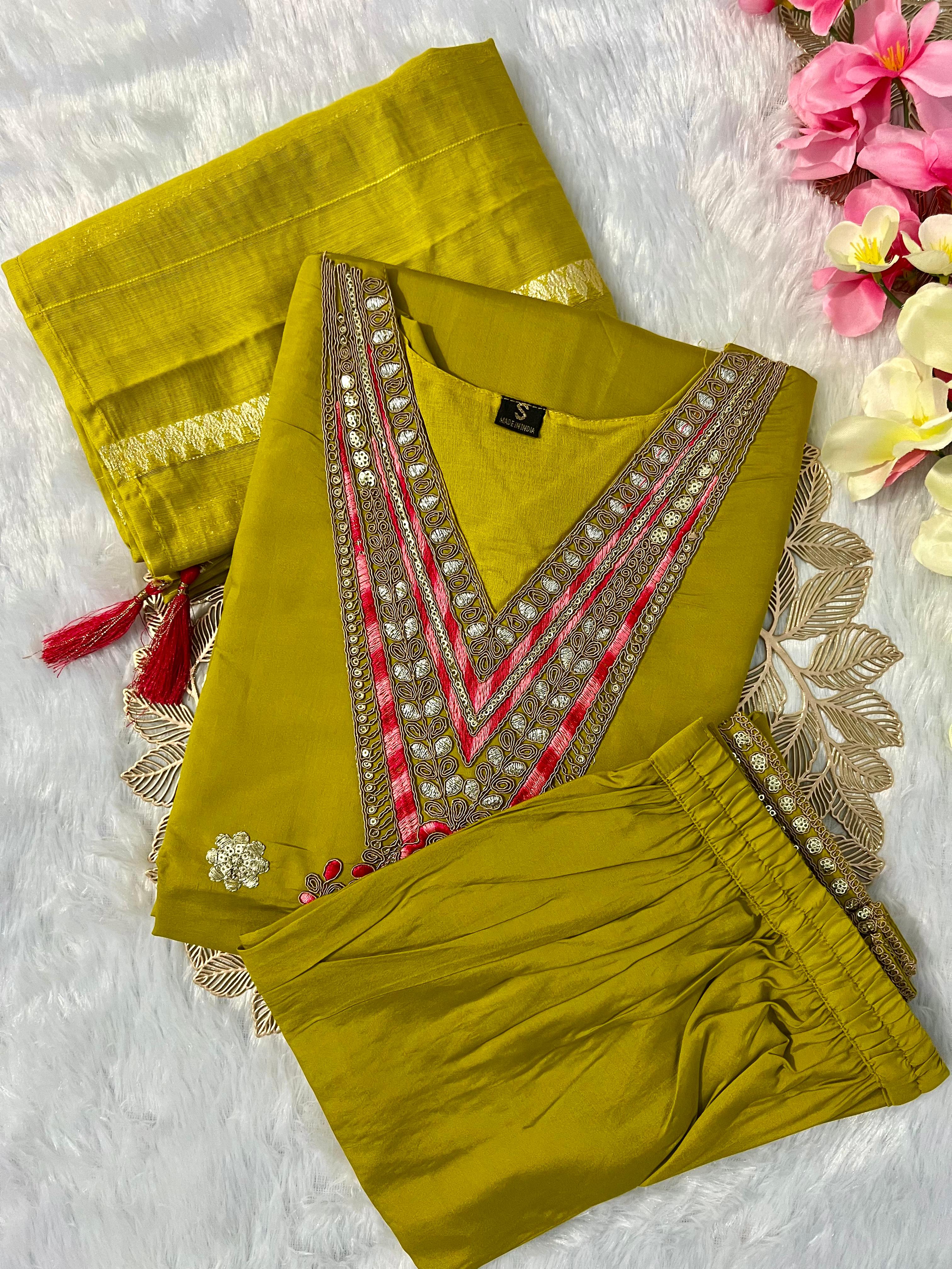 New Wedding Wear Dark Mustard Color Roman Silk Embroidery Work Designer Straight Kurta With Trouser n Dupatta Set - Image 3