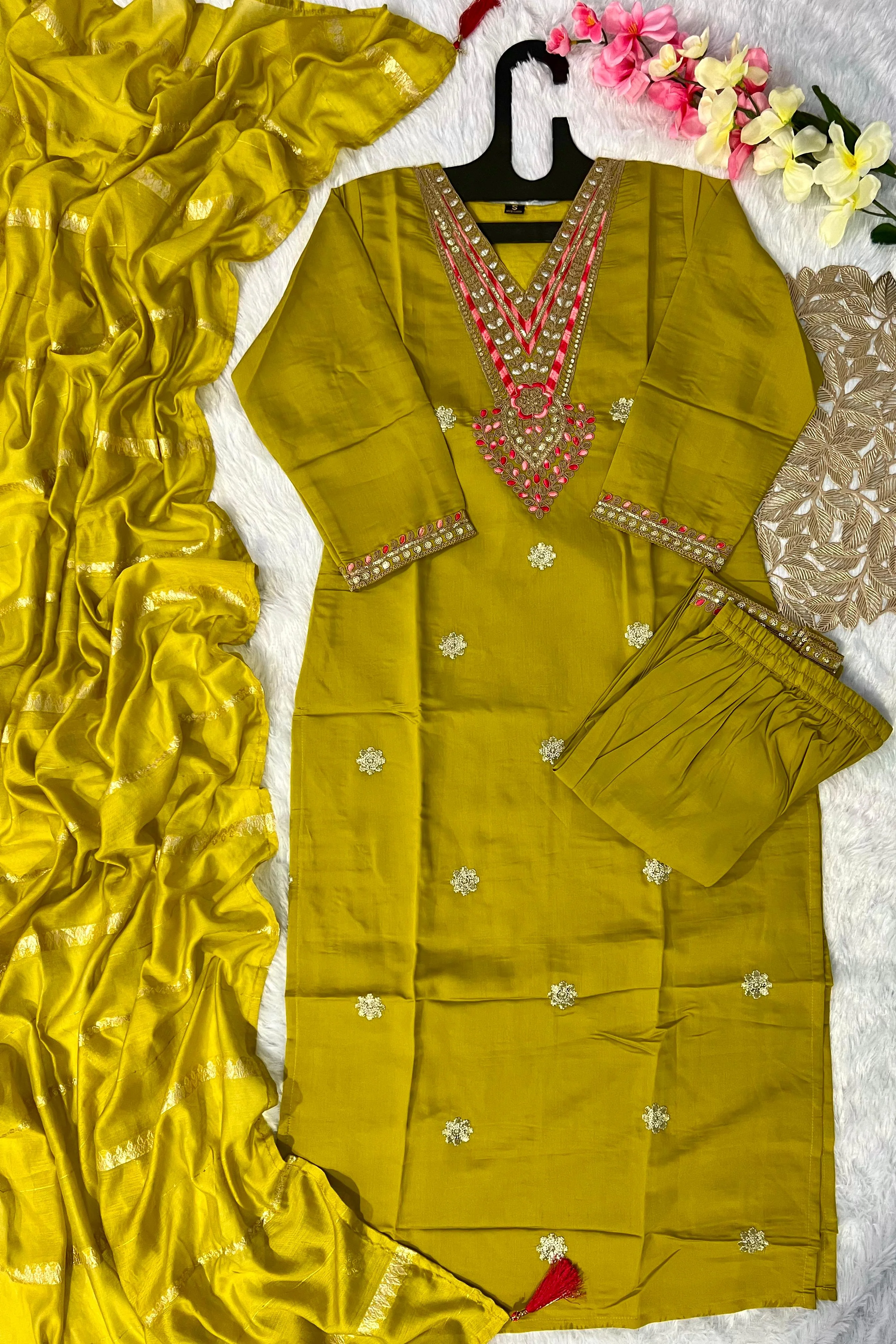 New Wedding Wear Dark Mustard Color Roman Silk Embroidery Work Designer Straight Kurta With Trouser n Dupatta Set - Image 6