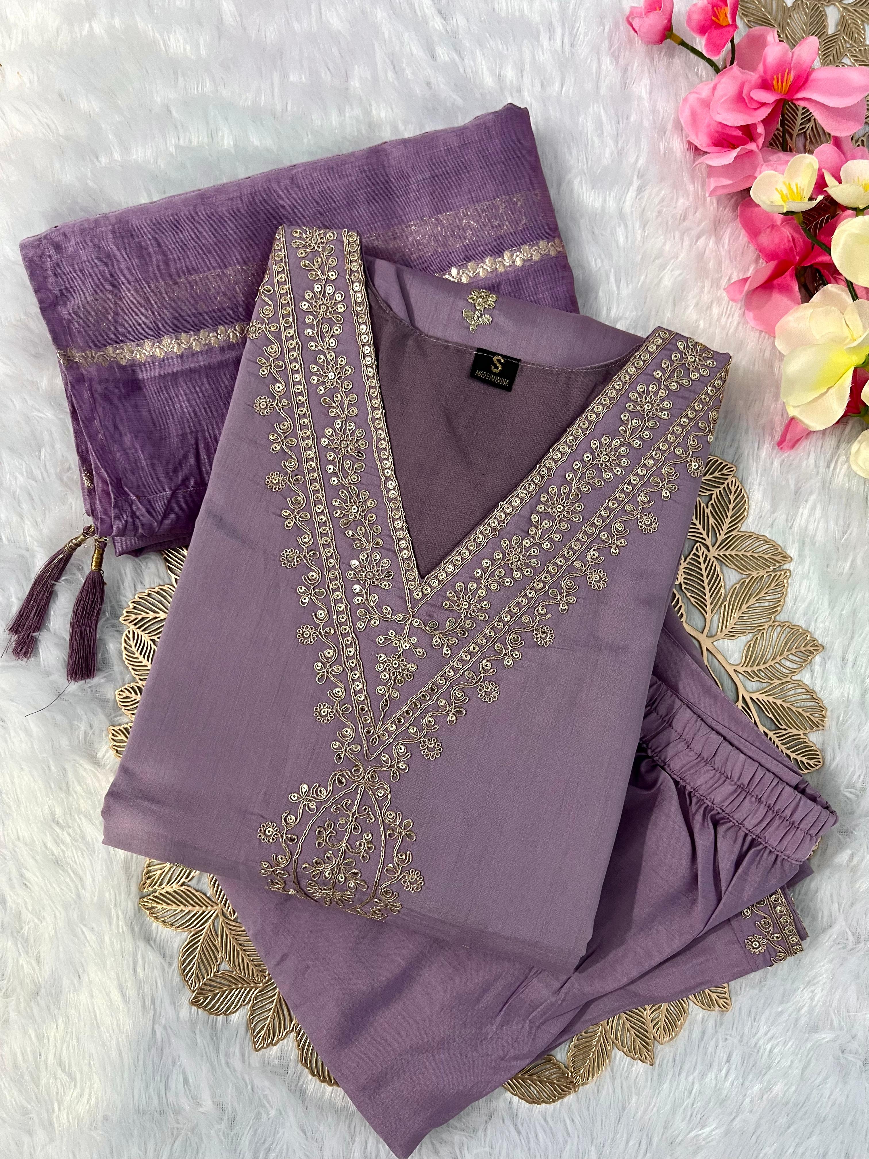 New Wedding Wear Lavender Color Roman Silk Embroidery Work Designer Straight Kurta With Trouser n Dupatta Set - Image 3