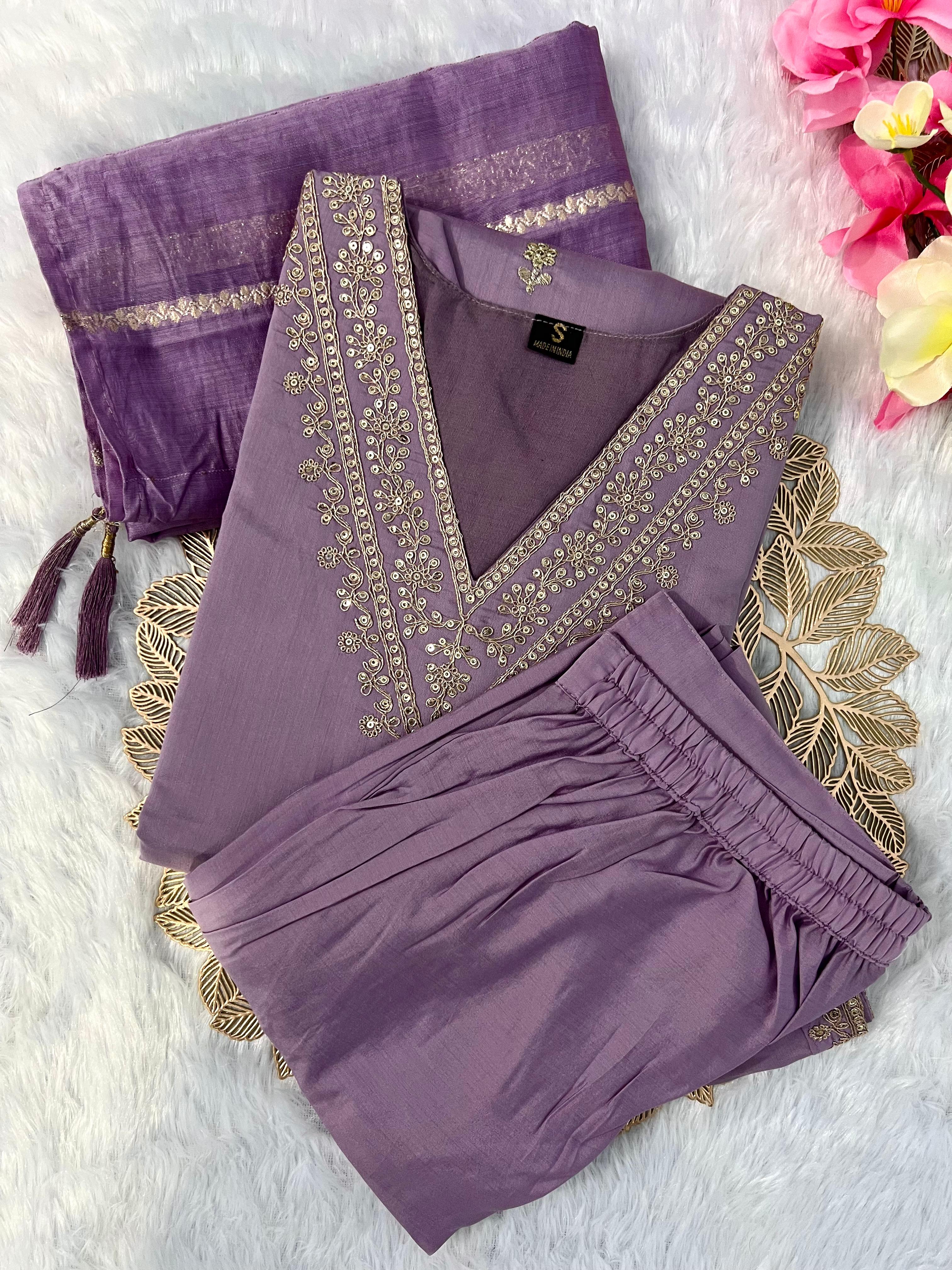 New Wedding Wear Lavender Color Roman Silk Embroidery Work Designer Straight Kurta With Trouser n Dupatta Set - Image 4