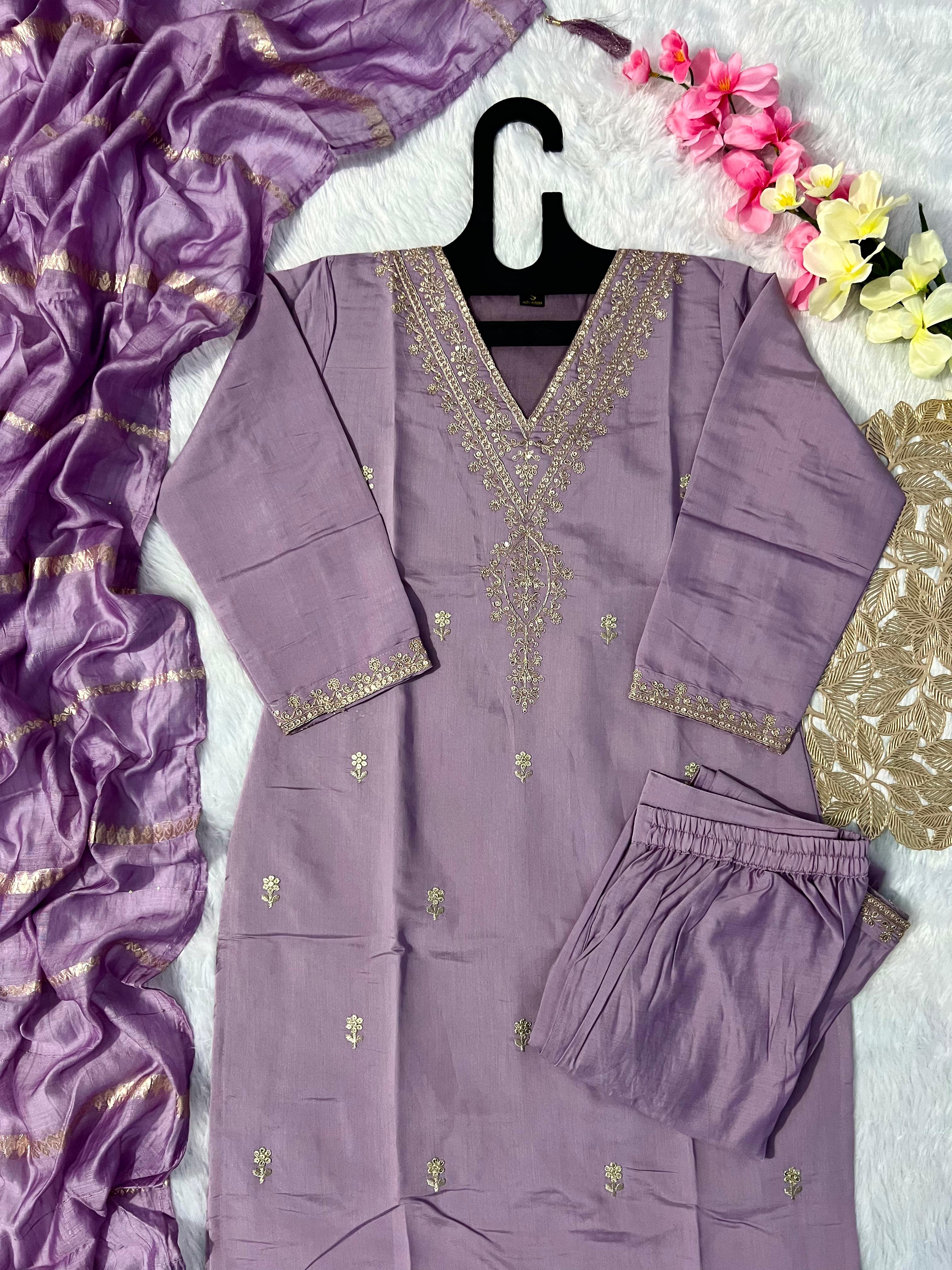 New Wedding Wear Lavender Color Roman Silk Embroidery Work Designer Straight Kurta With Trouser n Dupatta Set - Image 6
