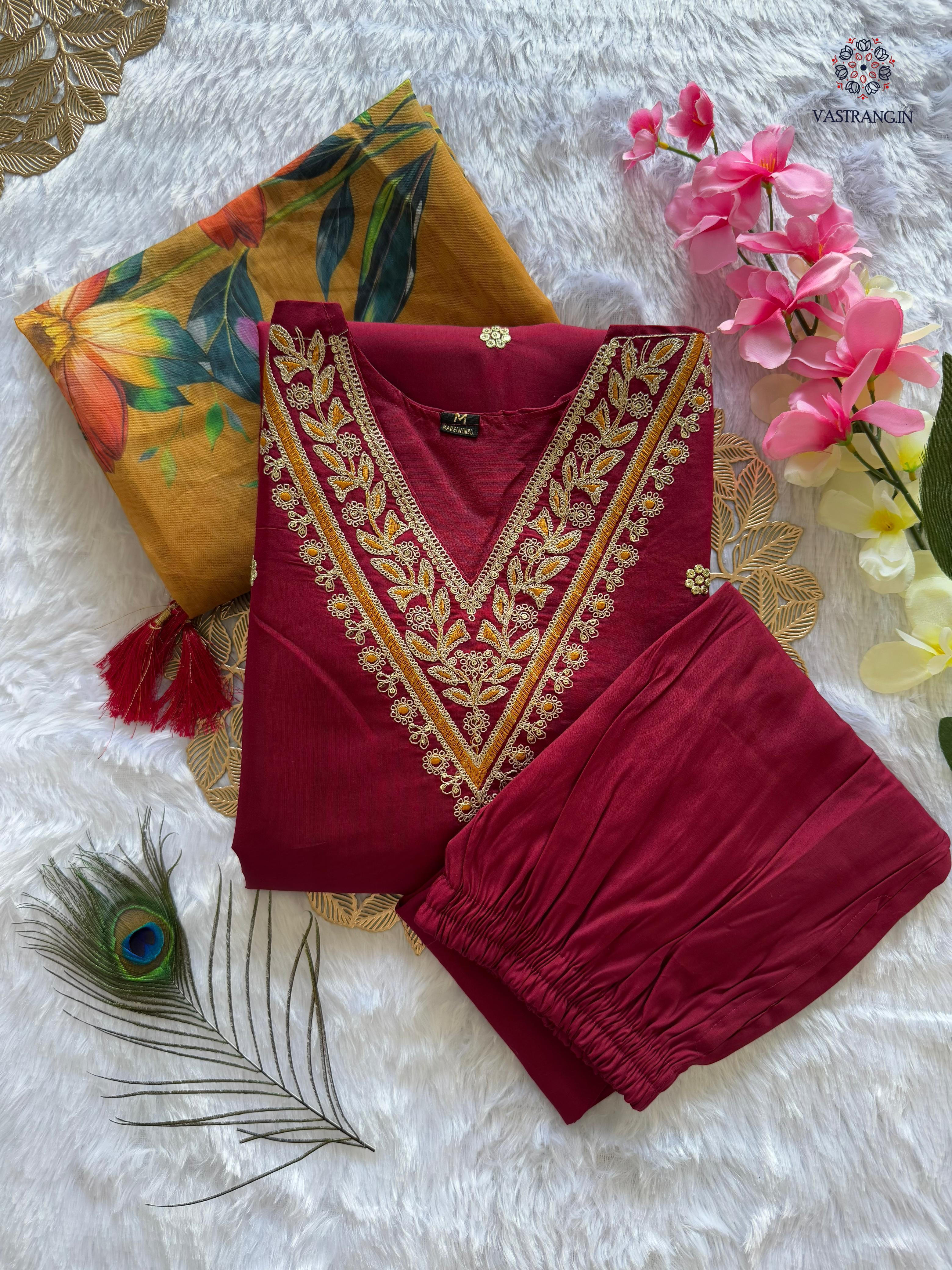 New Wedding Wear Maroon Color Roman Silk Embroidery n Sequence Work Designer Straight Kurta With Trouser n Dupatta Set - Image 3