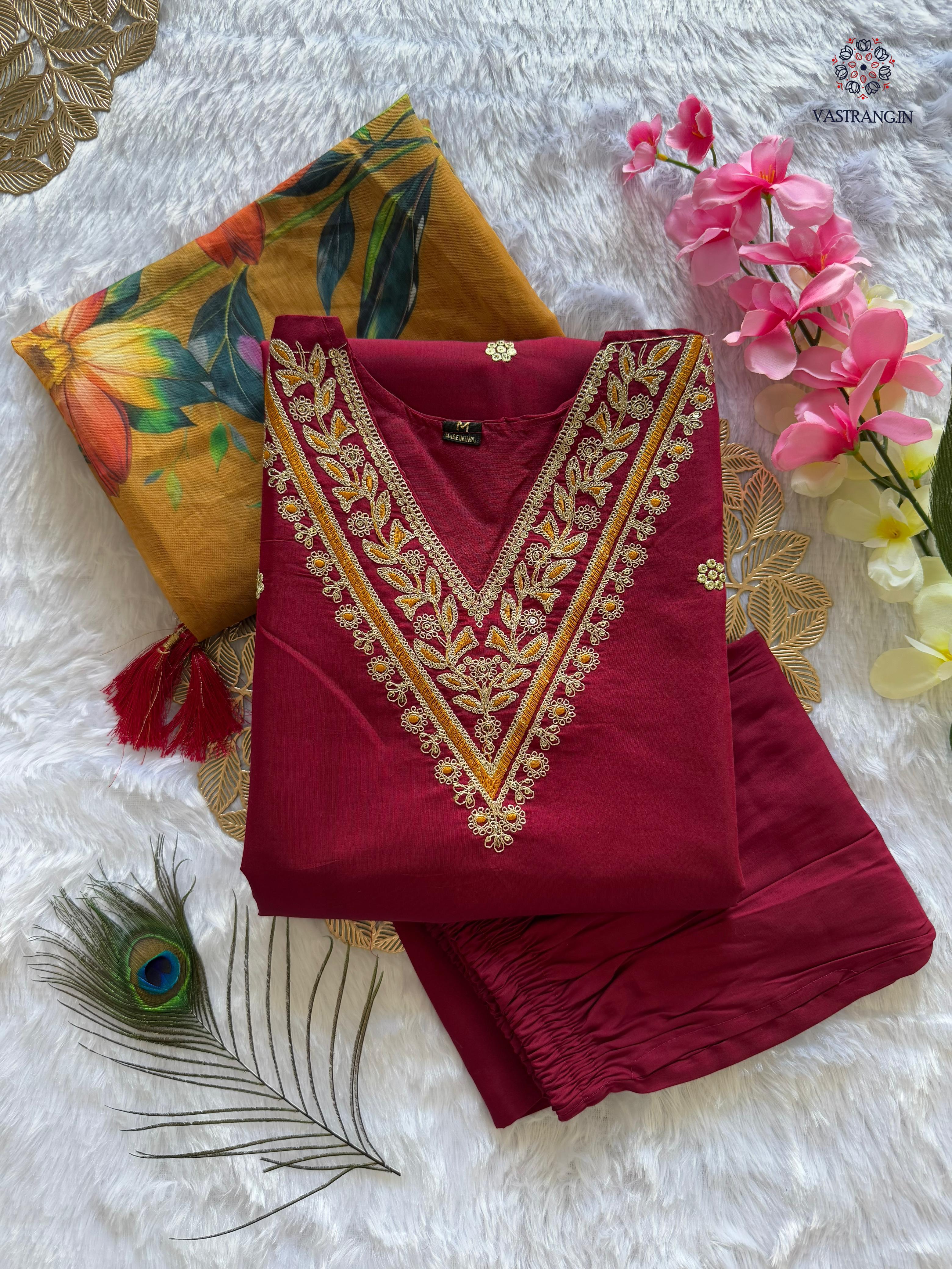 New Wedding Wear Maroon Color Roman Silk Embroidery n Sequence Work Designer Straight Kurta With Trouser n Dupatta Set - Image 4