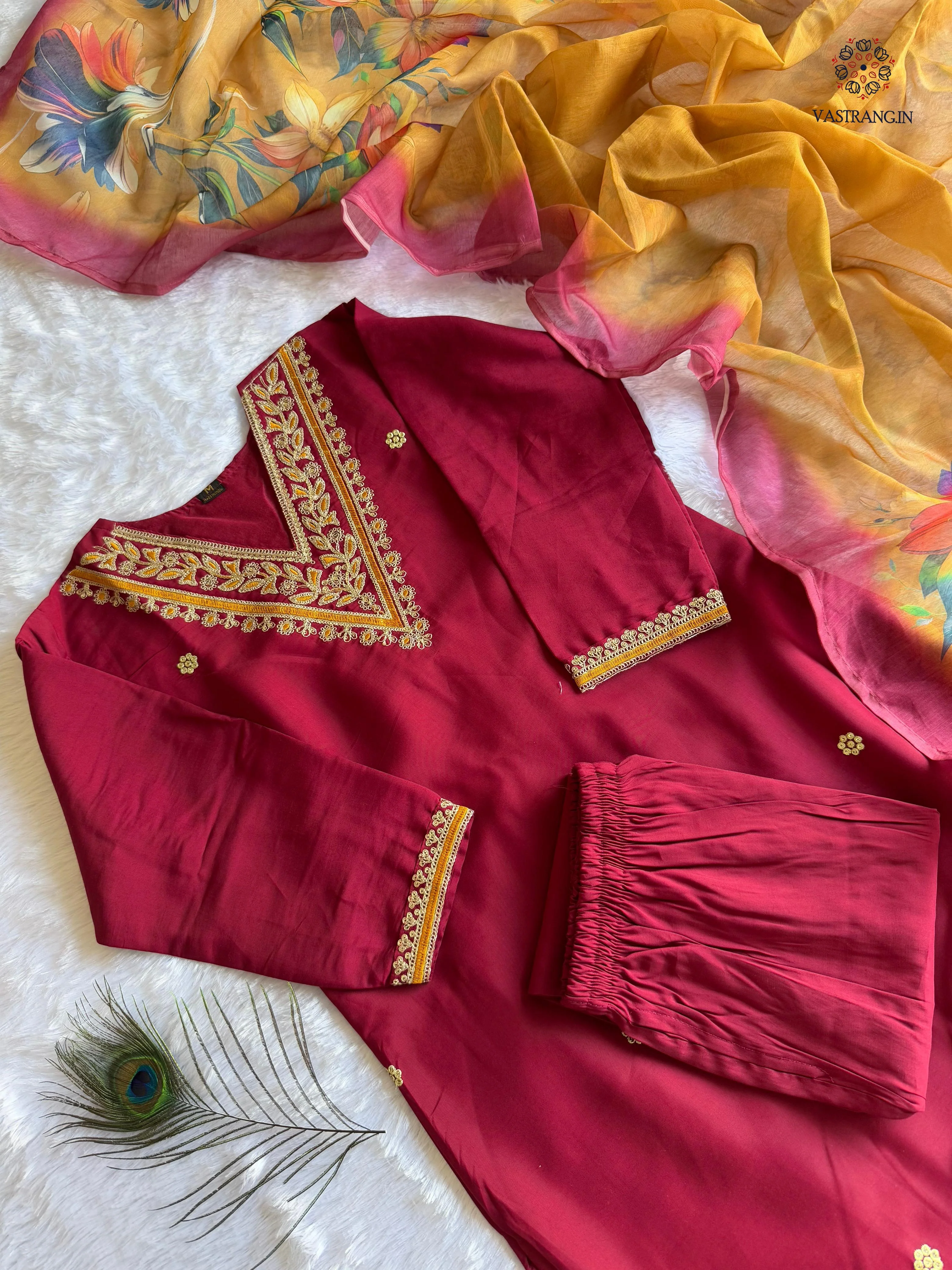 New Wedding Wear Maroon Color Roman Silk Embroidery n Sequence Work Designer Straight Kurta With Trouser n Dupatta Set - Image 5