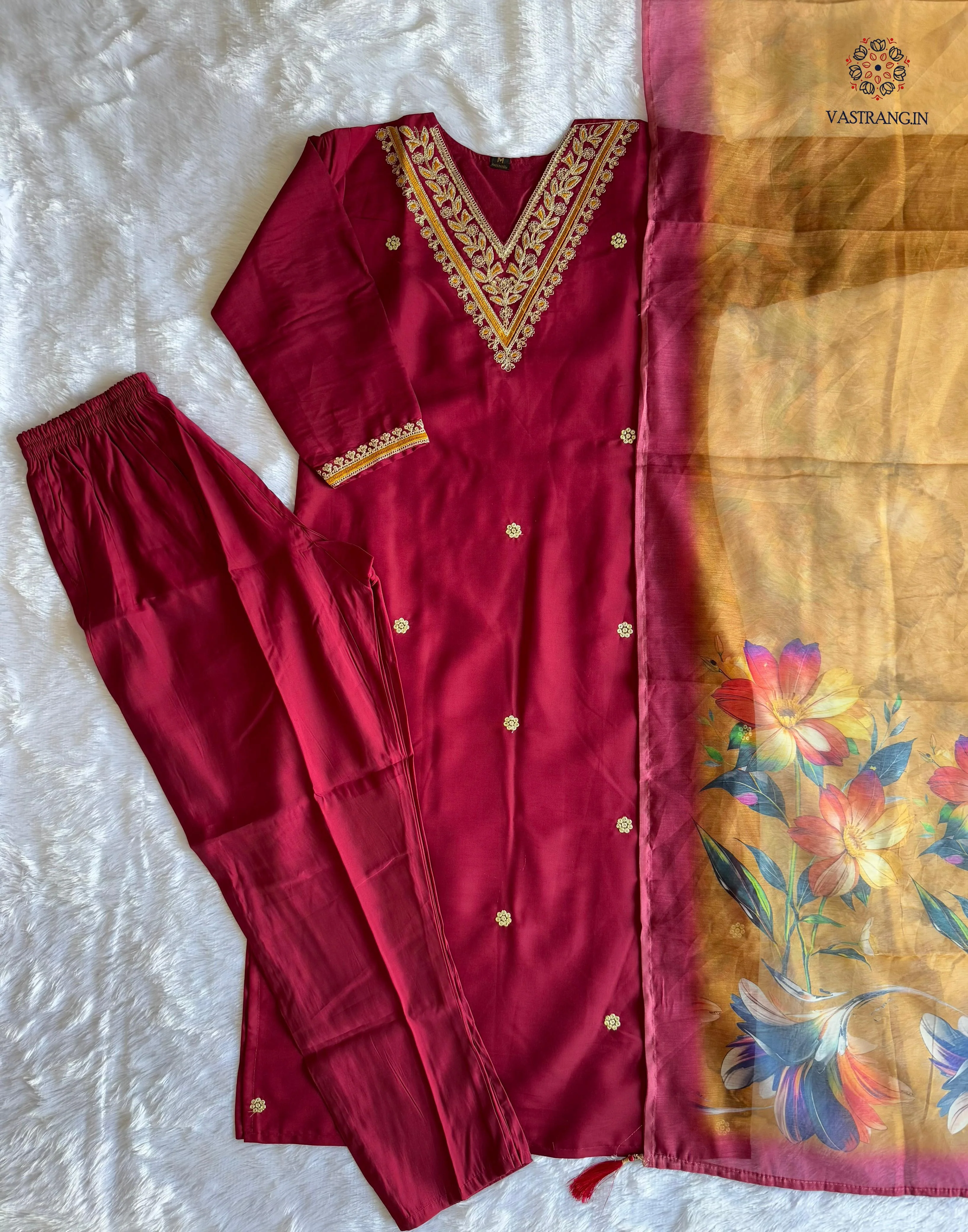 New Wedding Wear Maroon Color Roman Silk Embroidery n Sequence Work Designer Straight Kurta With Trouser n Dupatta Set - Image 6