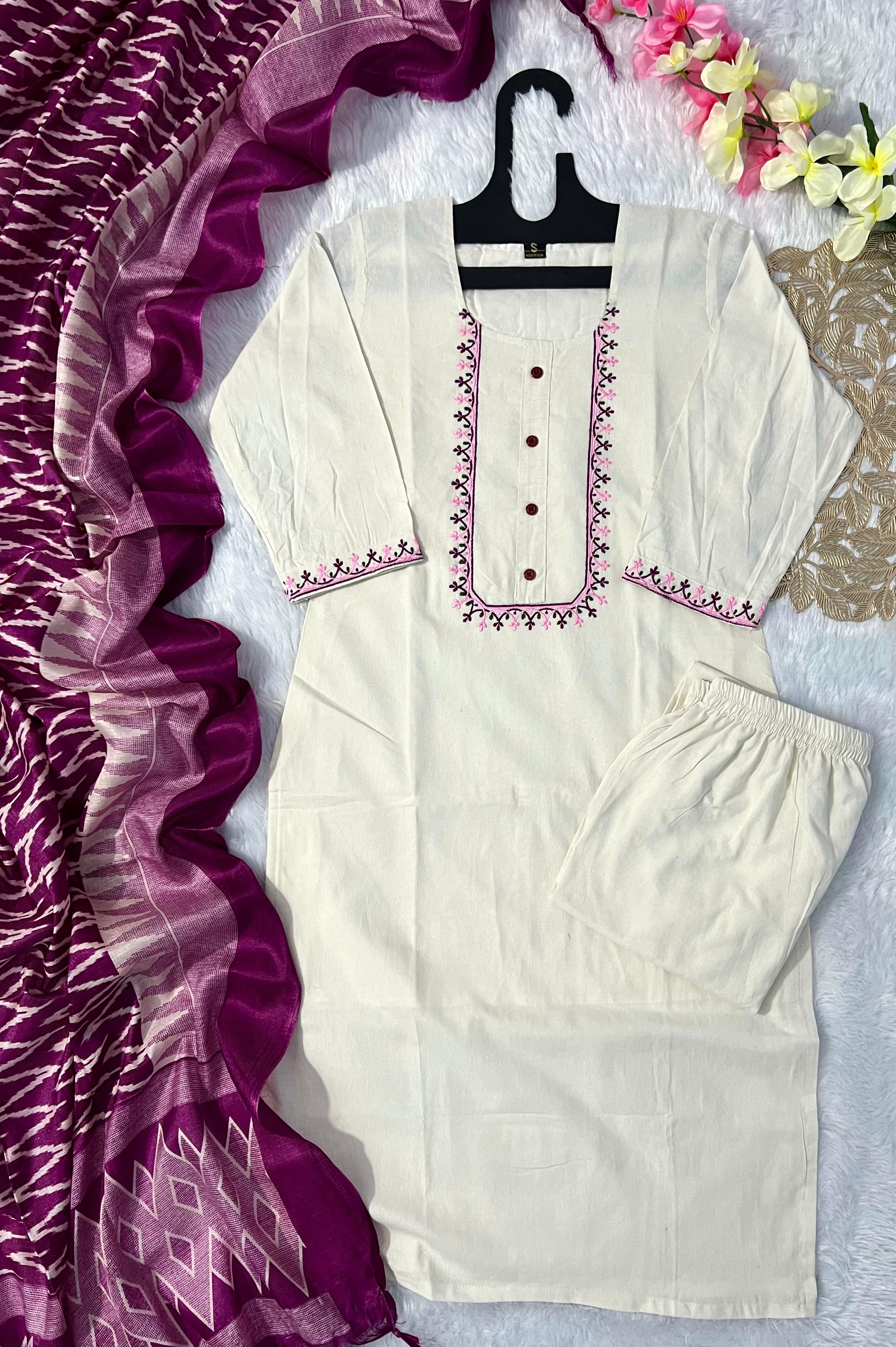 New Wedding Wear Off White Color Embroidery Work Designer Straight Kurta With Trouser n Dupatta Set - Image 5