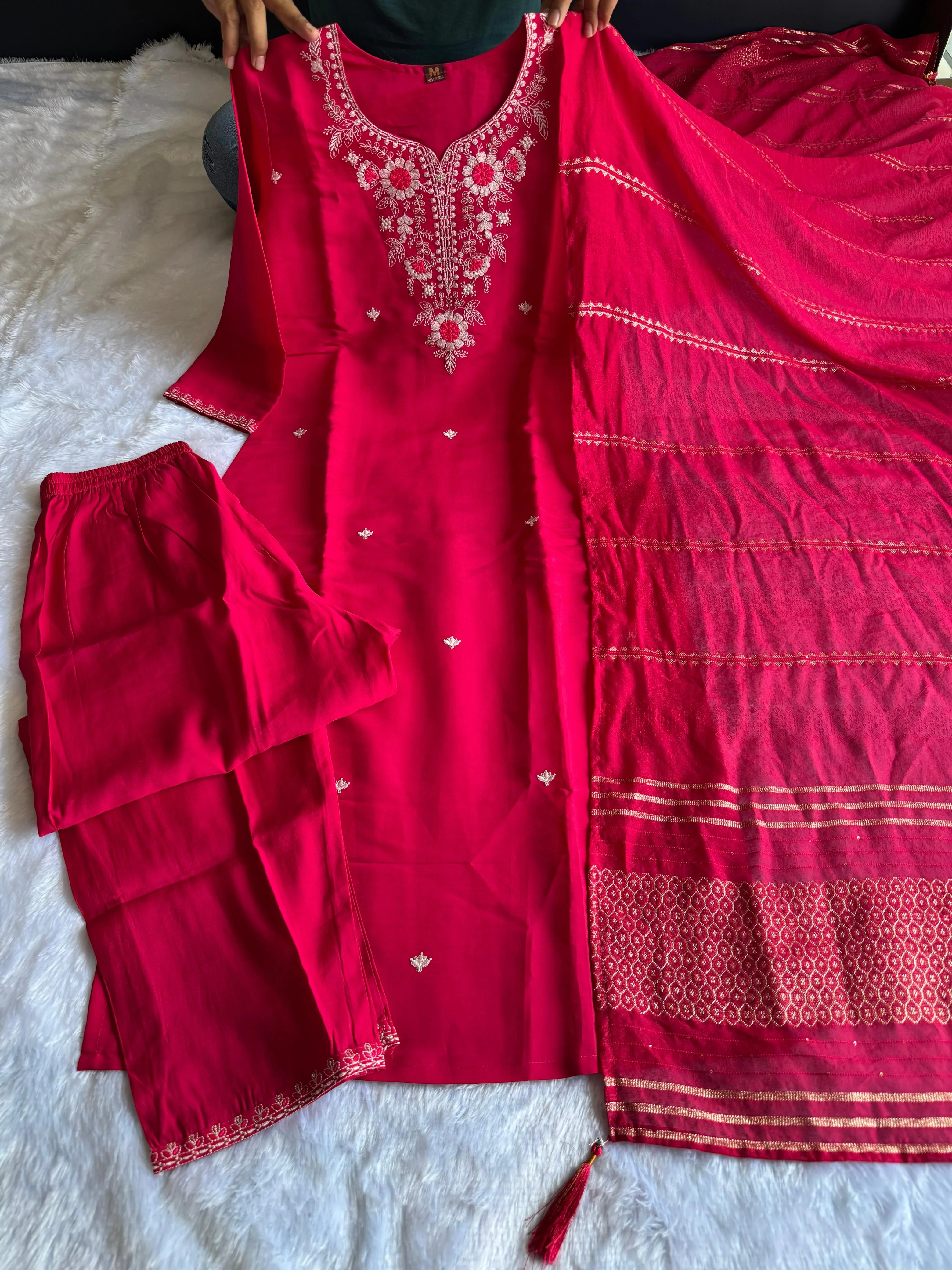 New Wedding Wear Pink Color Roman Silk Embroidery n Sequence Work Designer Straight Kurta With Trouser n Dupatta Set - Image 3