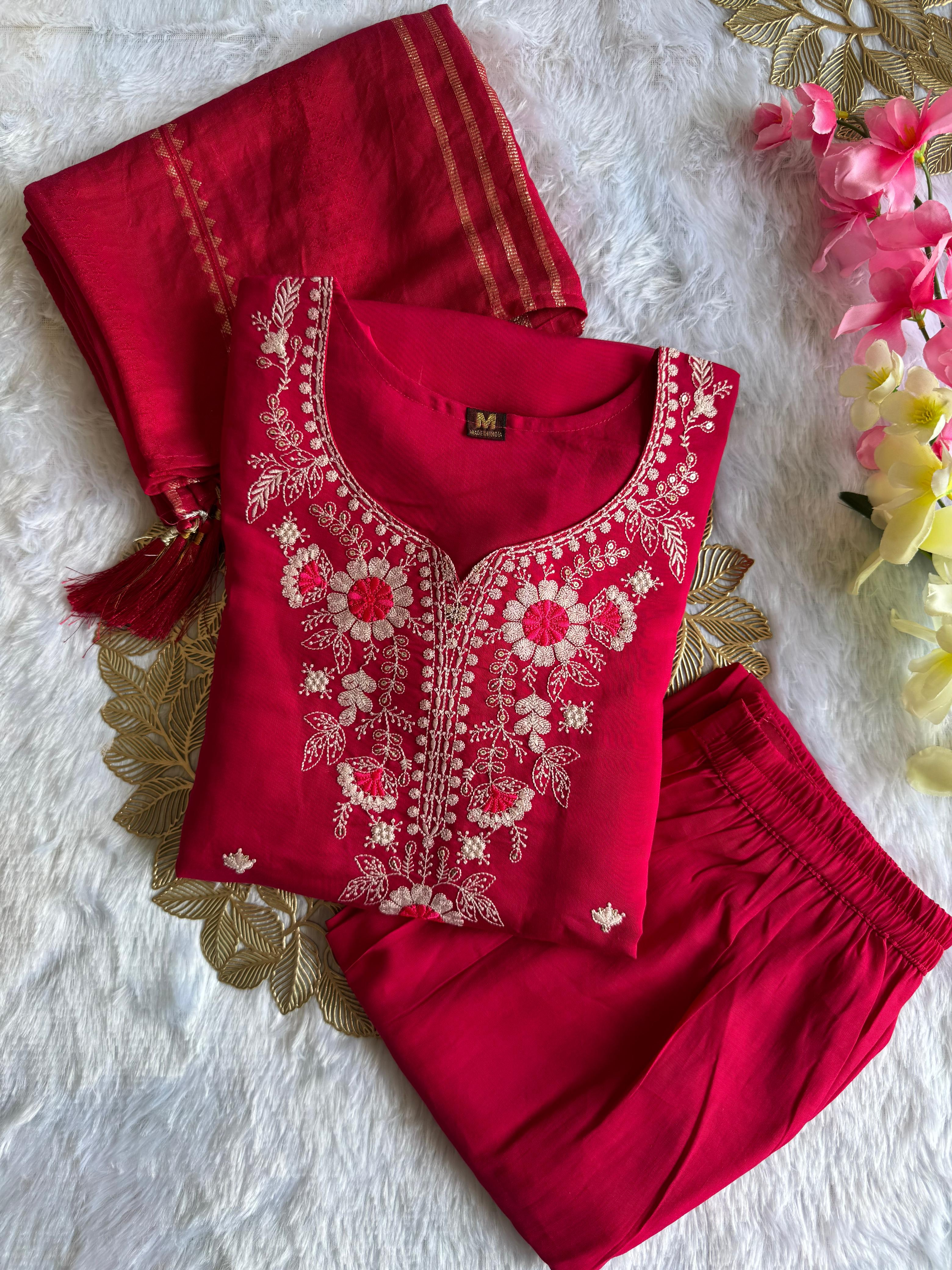 New Wedding Wear Pink Color Roman Silk Embroidery n Sequence Work Designer Straight Kurta With Trouser n Dupatta Set - Image 4