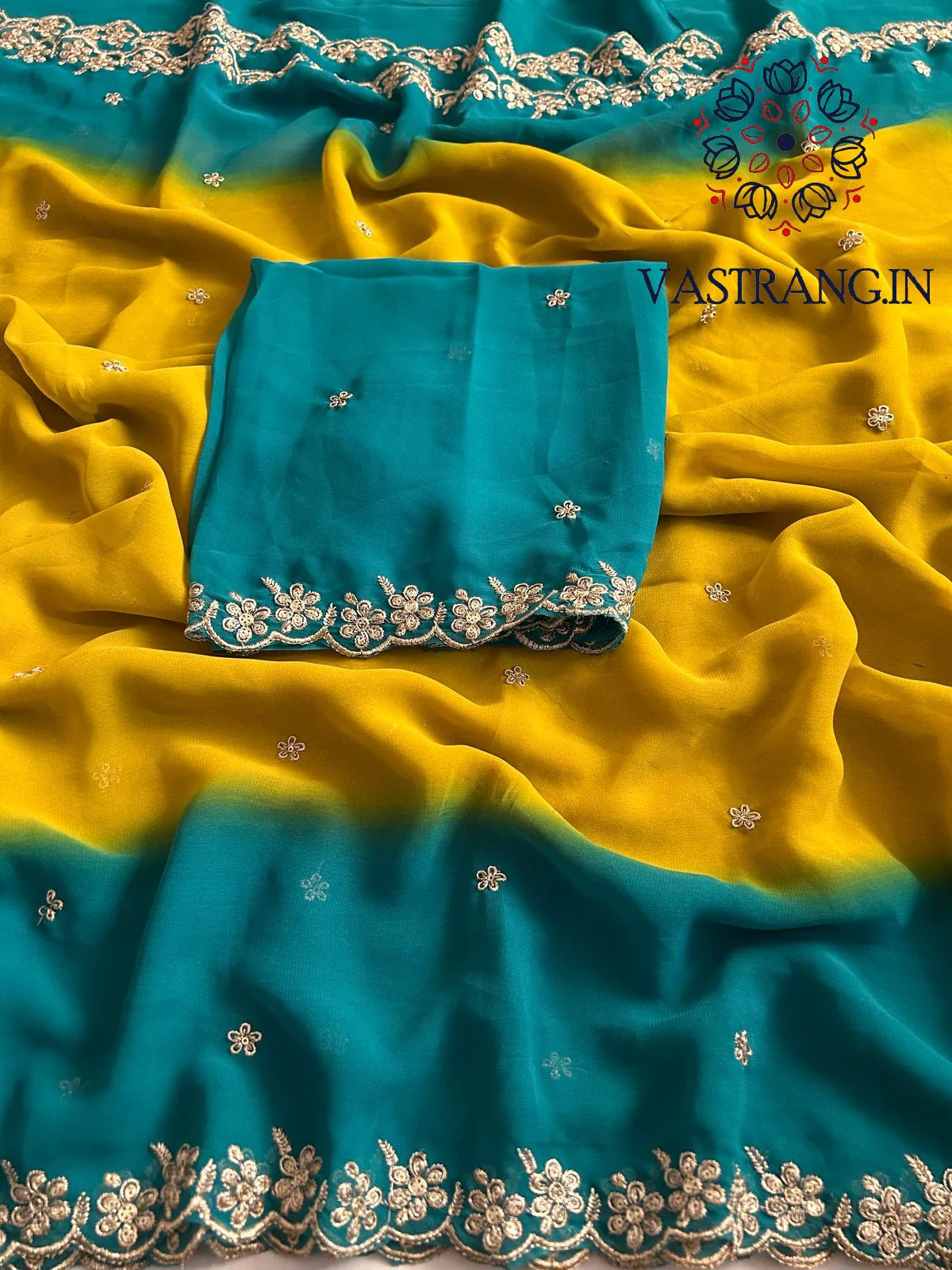 New Wedding Wear Rama n Mustard Georgette Embroidery Sequence And Jari Work Fancy Designer Saree - Image 3