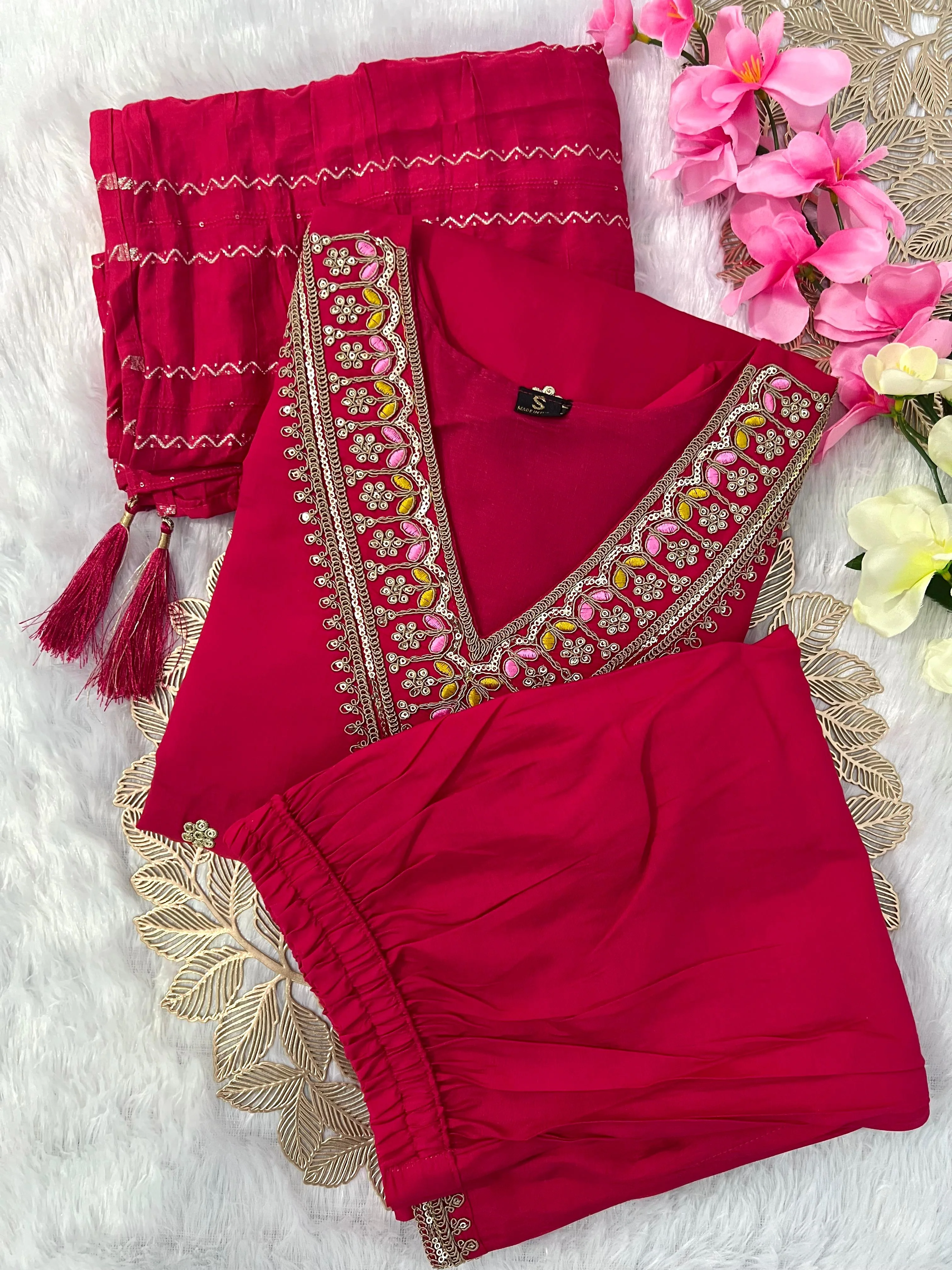 New Wedding Wear Red Color Roman Silk Embroidery Work Designer Straight Kurta With Trouser n Dupatta Set - Image 4