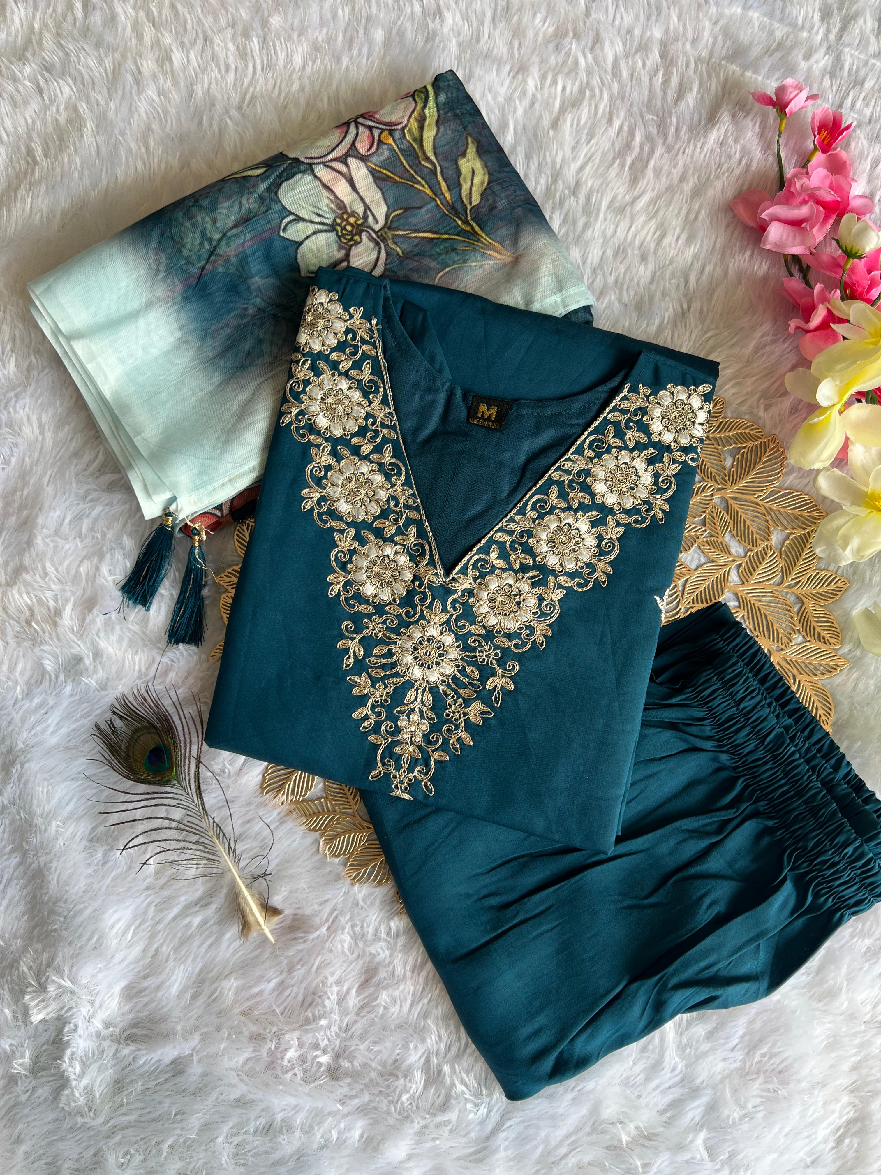 New Wedding Wear Teal Blue Color Roman Silk Embroidery n Sequence Work Designer Straight Kurta With Trouser n Dupatta Set - Image 3